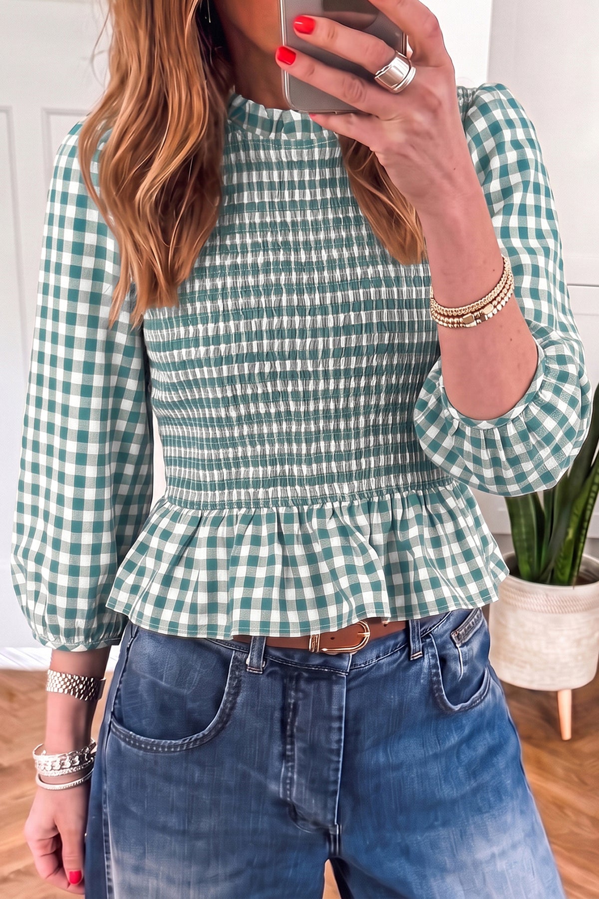 Shirred Plaid Peplum Top