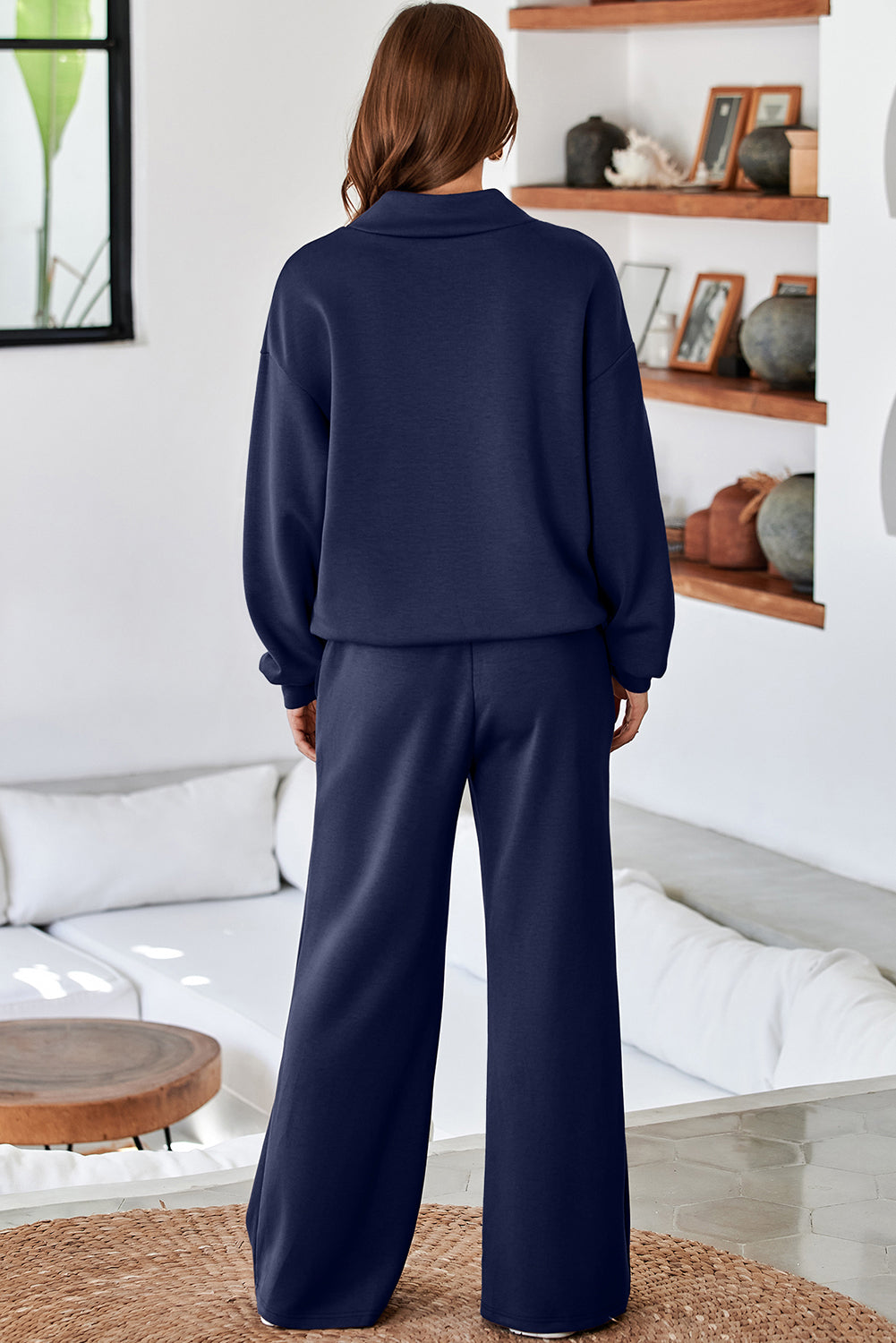 Solid Color Cowl Neck Drawstring Pullover Wide Leg Athleisure Pants Set