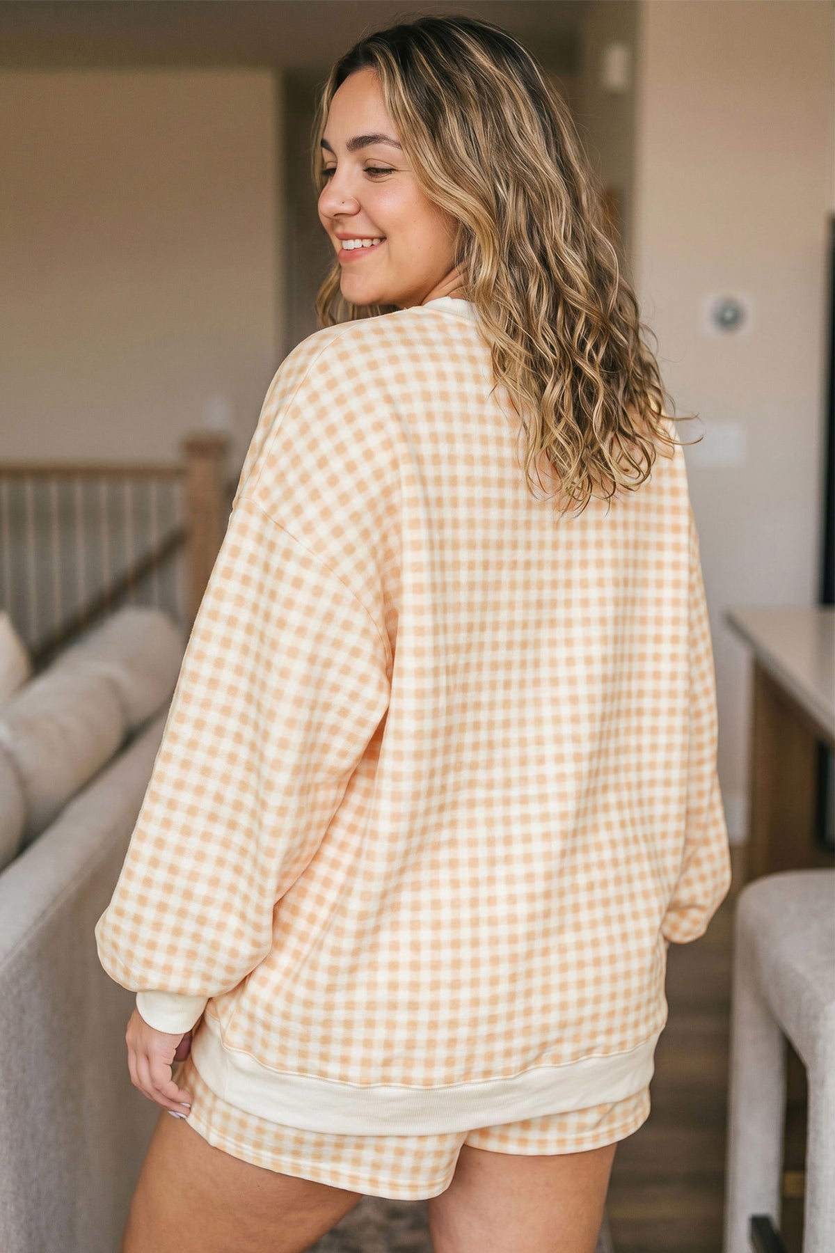 Gingham Loose Pullover Top Drawstring Shorts Plus Size Set