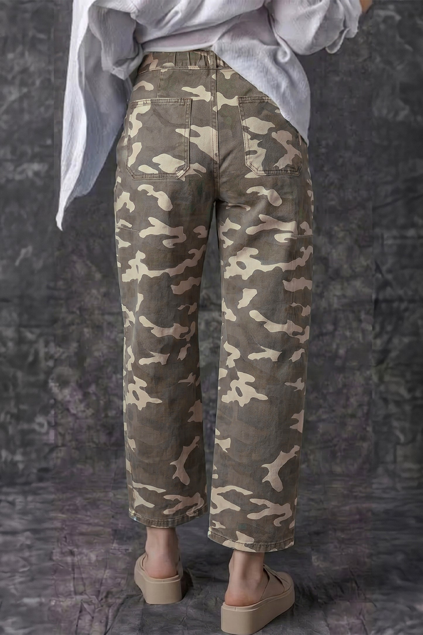 Khaki Leopard Printed Drawstring Elastic Waistband Pocketed Barrel Jeans