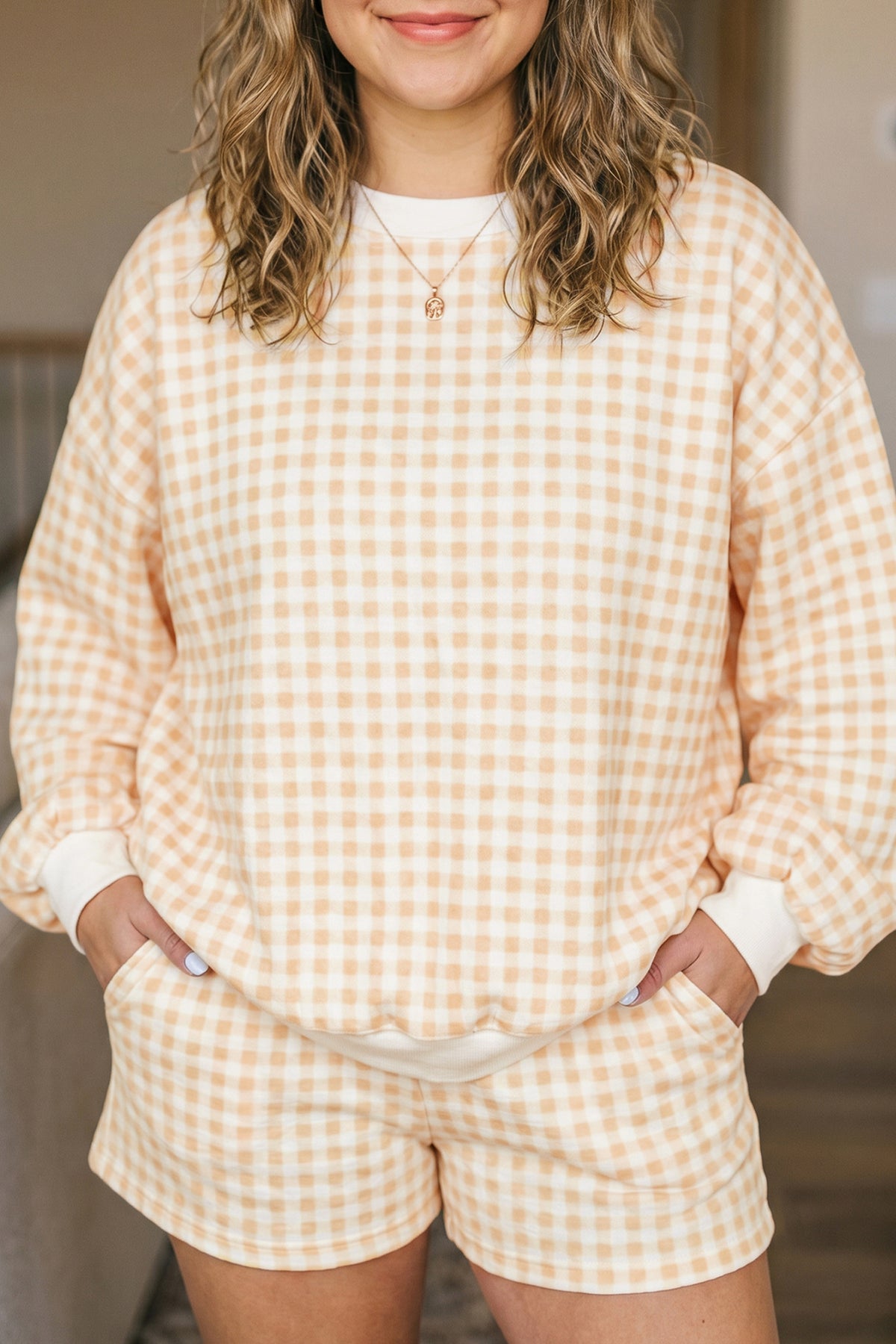 Gingham Loose Pullover Top Drawstring Shorts Plus Size Set