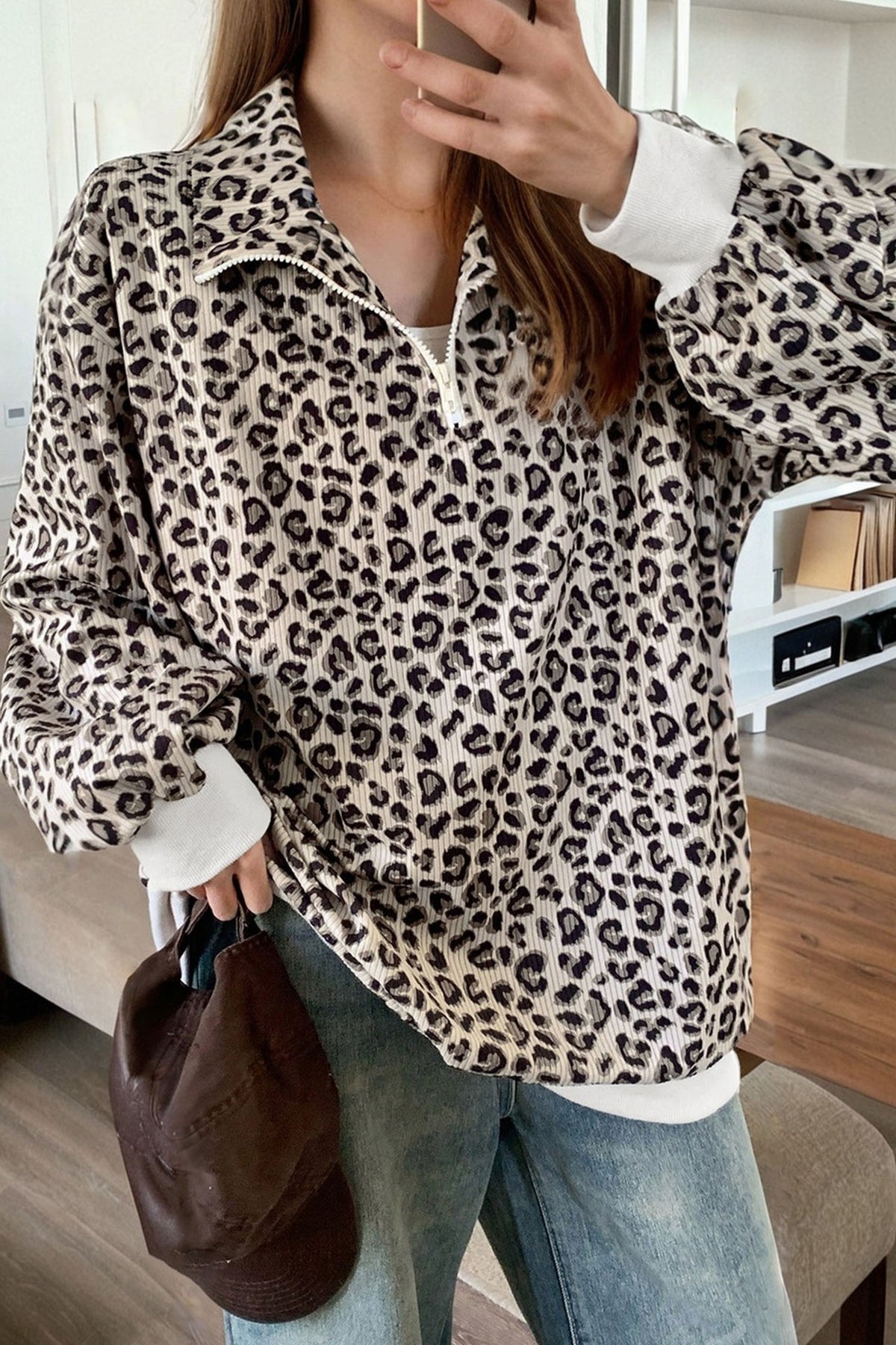 Brown Leopard Print Quarter Zip Corduroy Sweatshirt