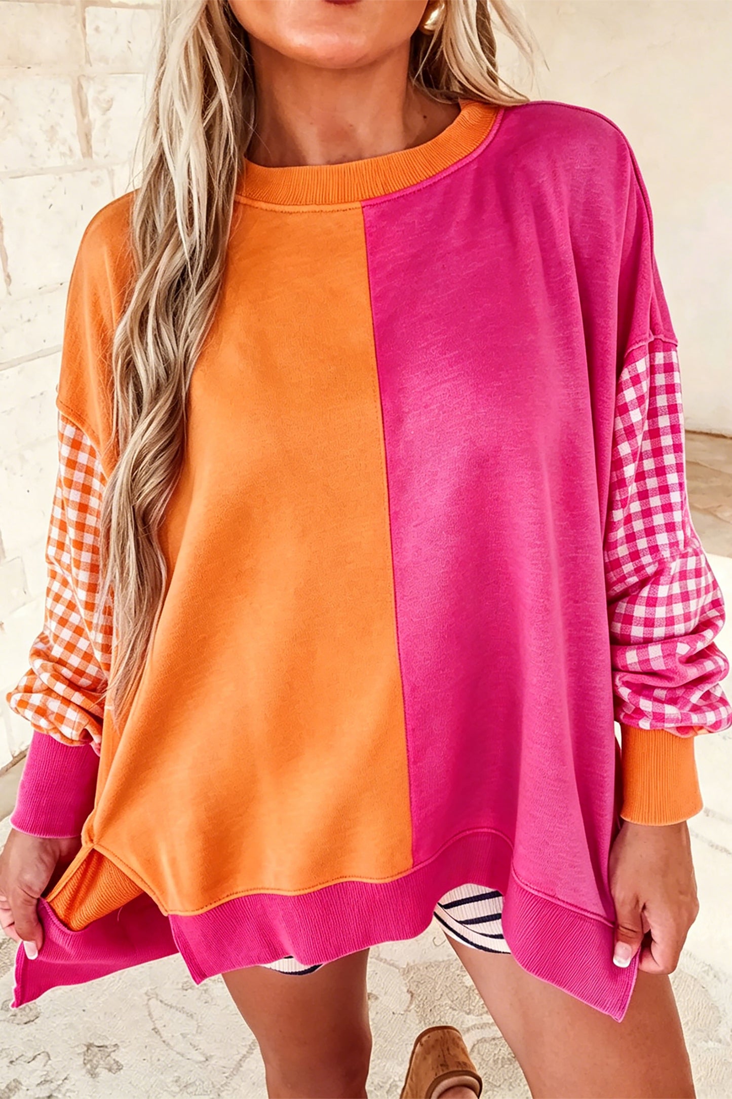 Colorblock Gingham Sleeve Long Sleeve Top