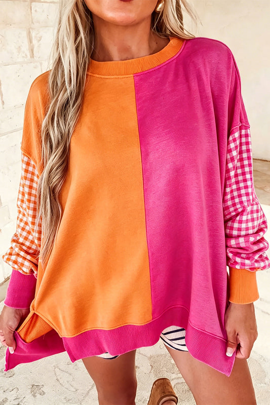 Colorblock Gingham Sleeve Long Sleeve Top