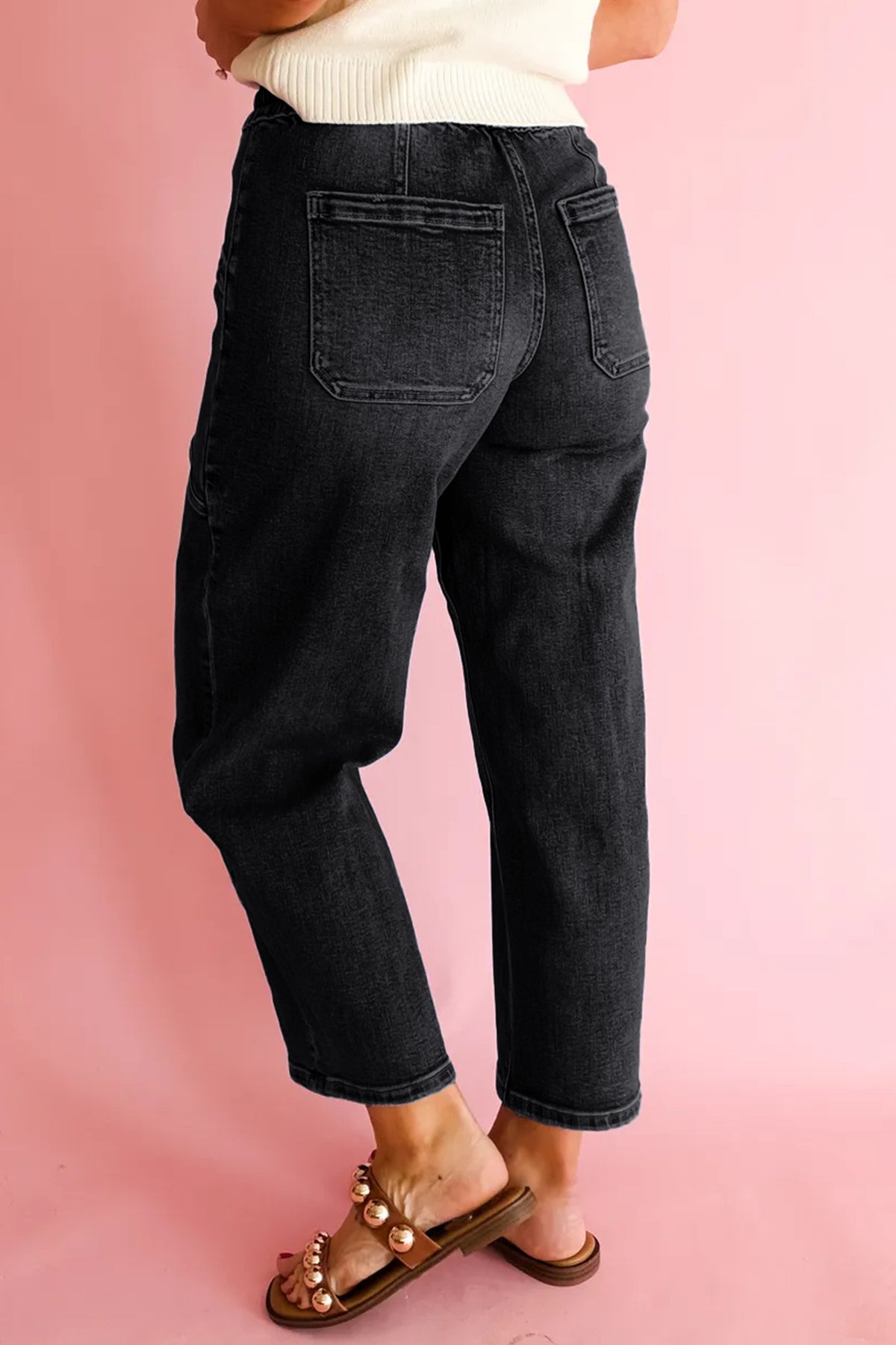 Drawstring Waist Ankle Length Casual Jeans Regular Fit Pocket Detail Denim Pants