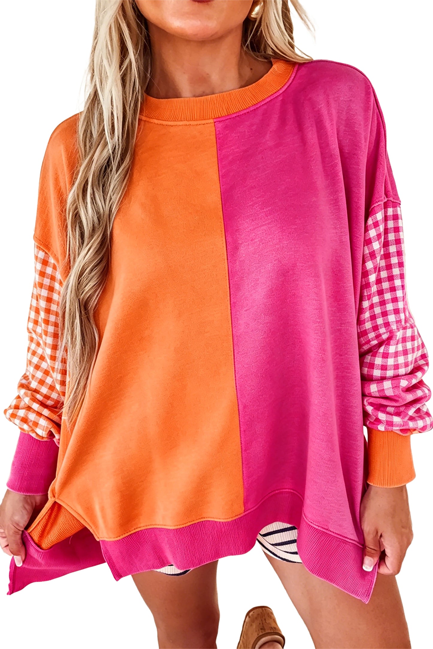 Colorblock Gingham Sleeve Long Sleeve Top