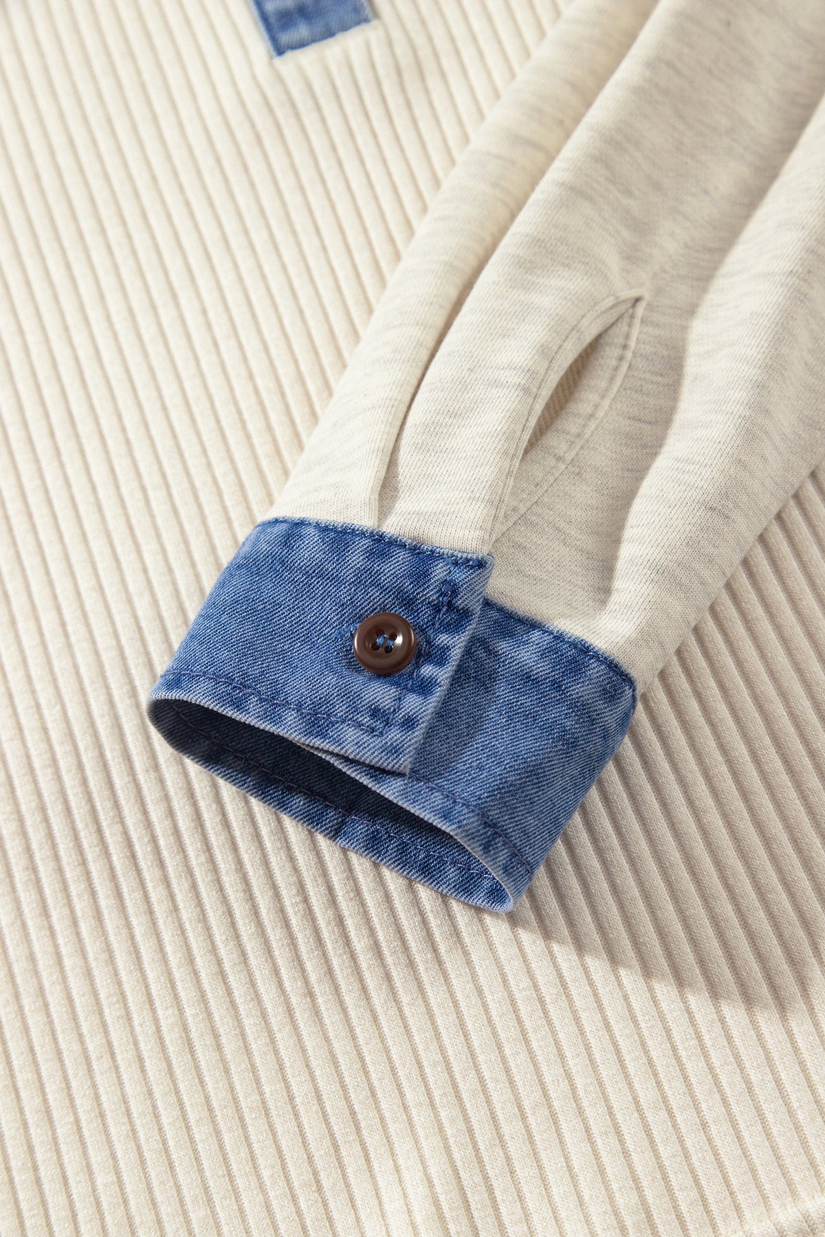 Light Grey Ribbed Denim Colorblock Detail Button Collar Long Sleeve Top