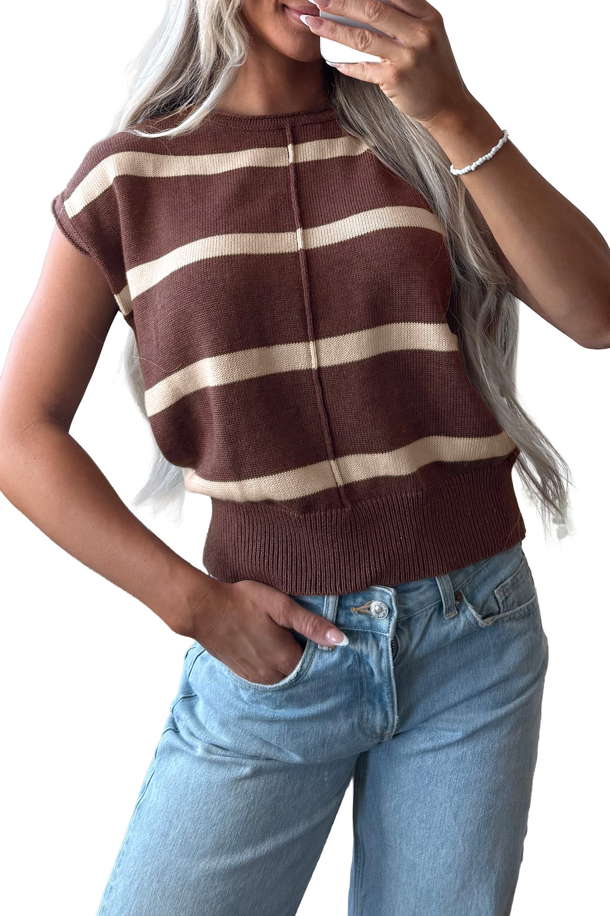 Striped Knit Short Sleeve Sweater