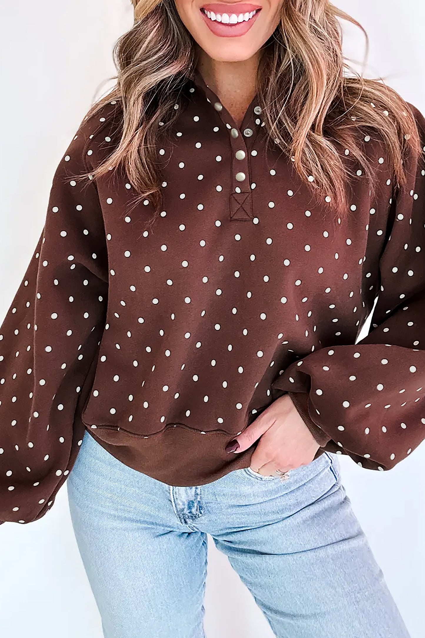 Polka Dot Print Metal Button Collar Casual Pullover