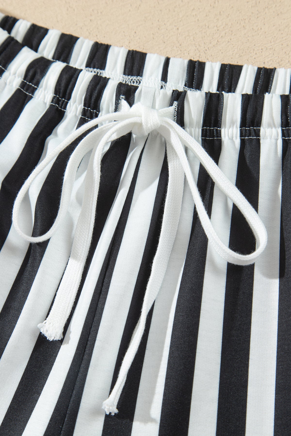 Striped Color Block Pullover Top Drawstring Shorts Set