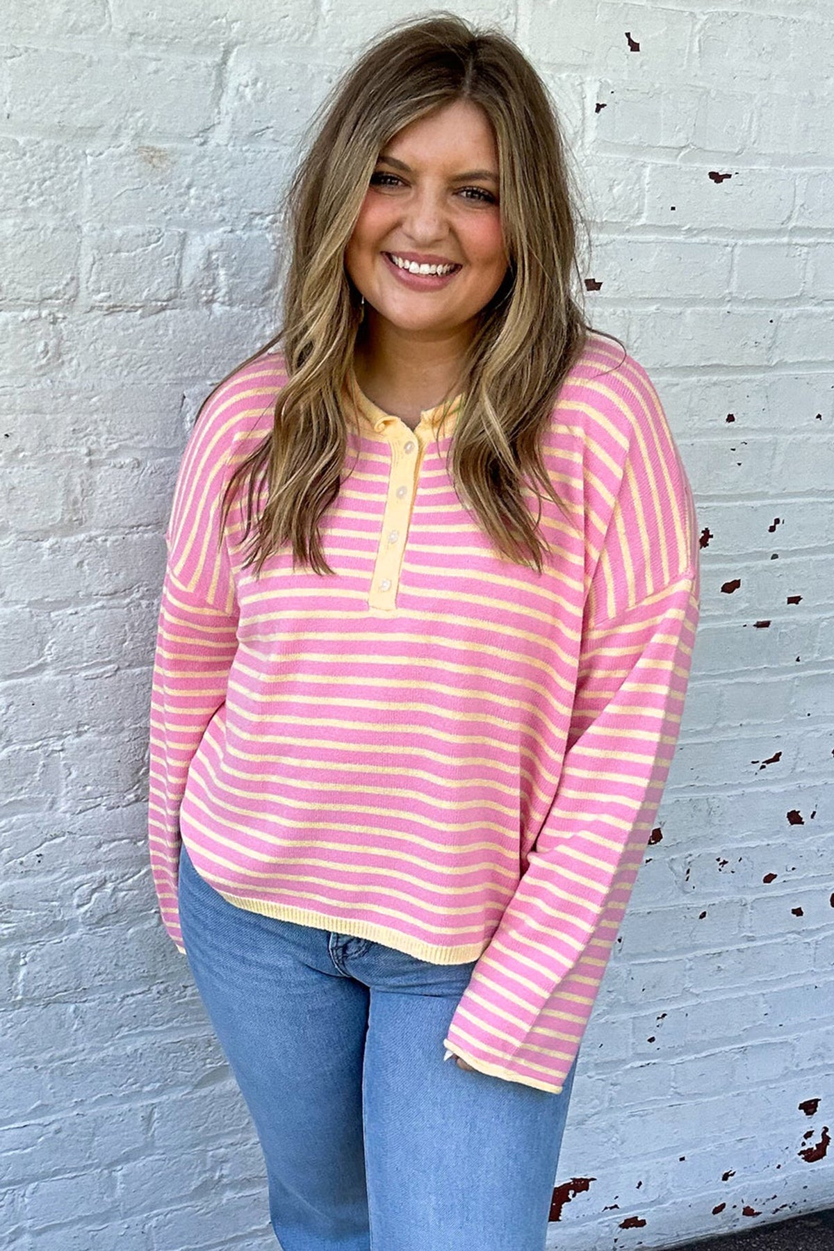 Pink Stripe Striped Colorblock Long Sleeve Sweater