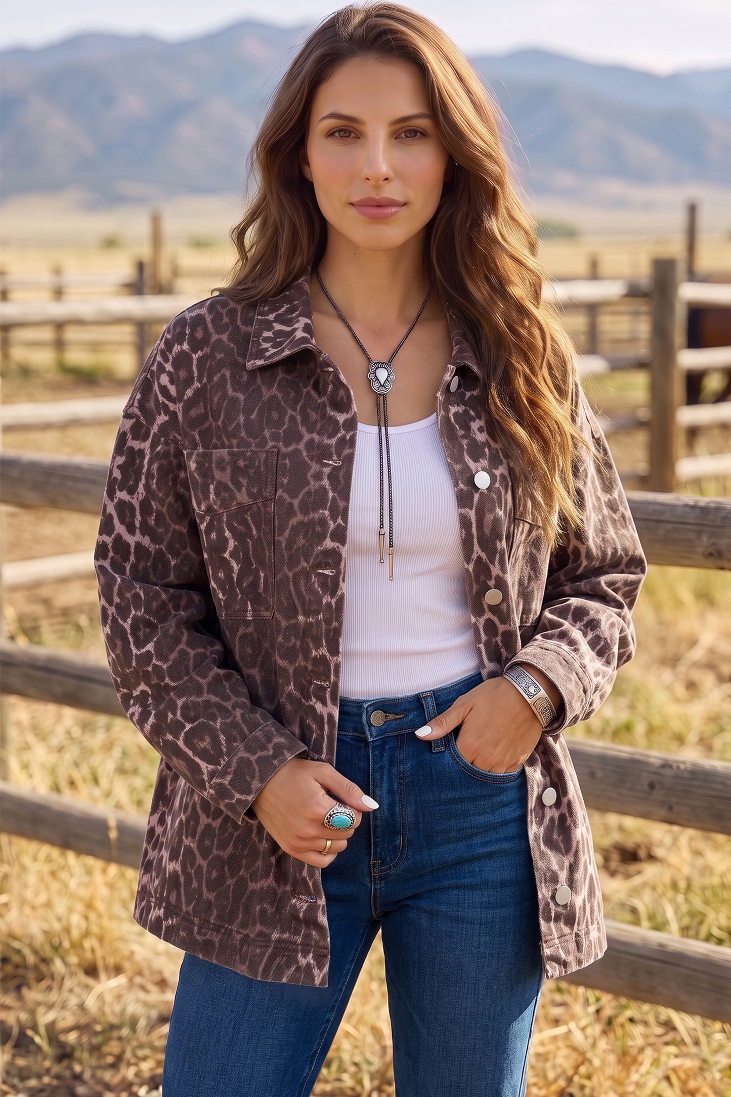 Oversized Leopard Print Long Sleeve Patch Pocket Denim Jacket