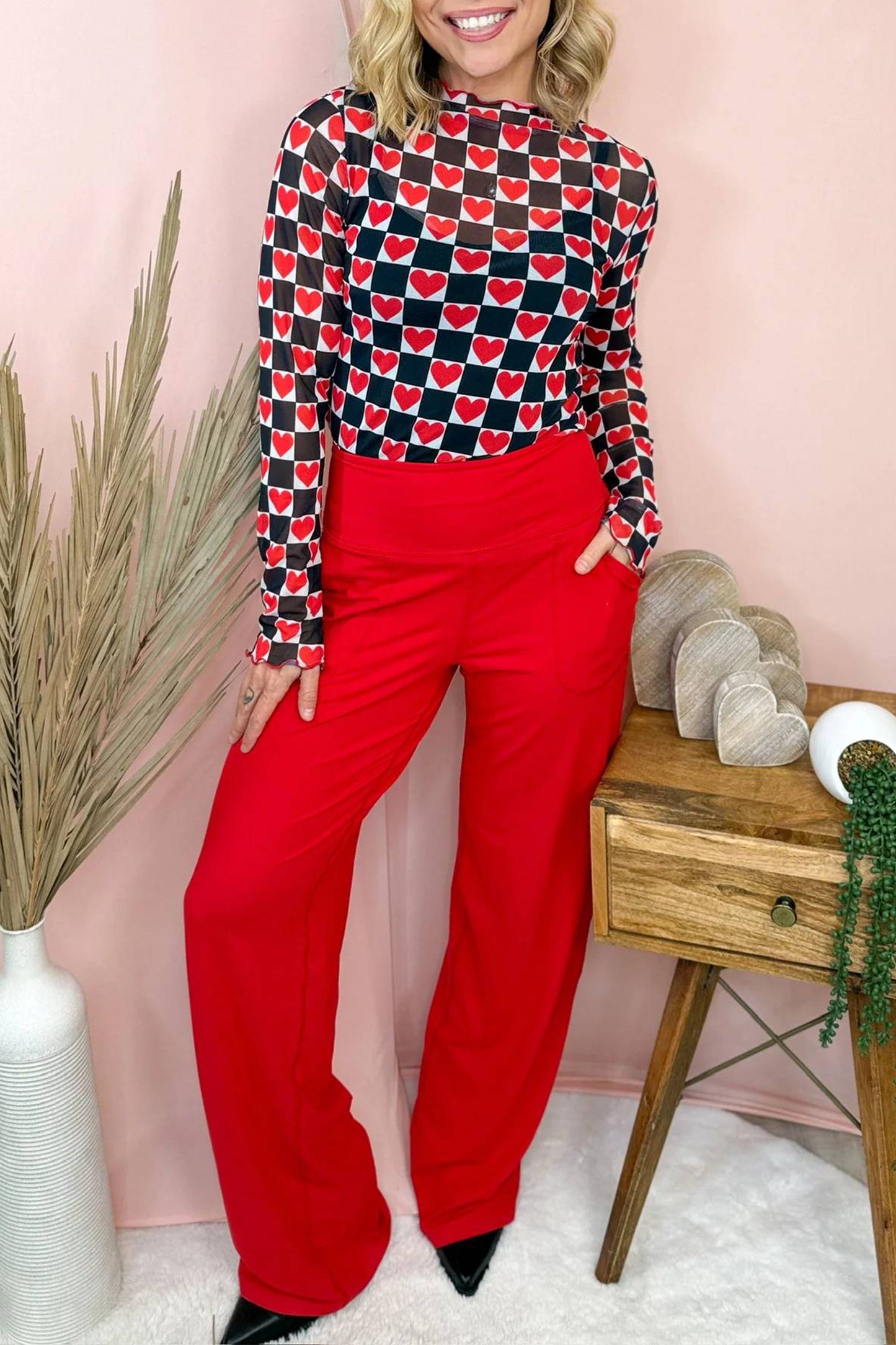 Checkered Long Sleeve Mesh Top