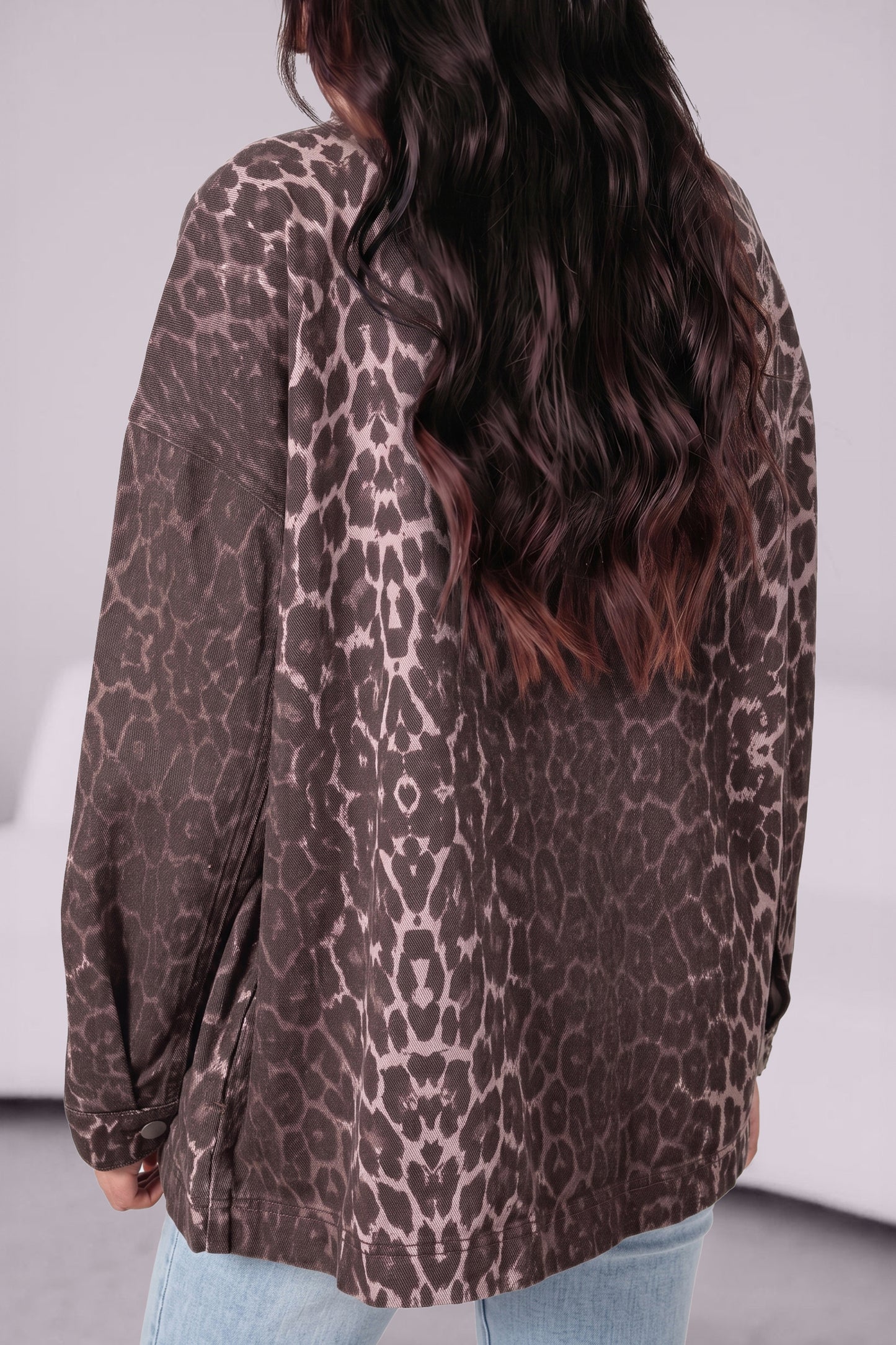 Oversized Leopard Print Long Sleeve Patch Pocket Denim Jacket