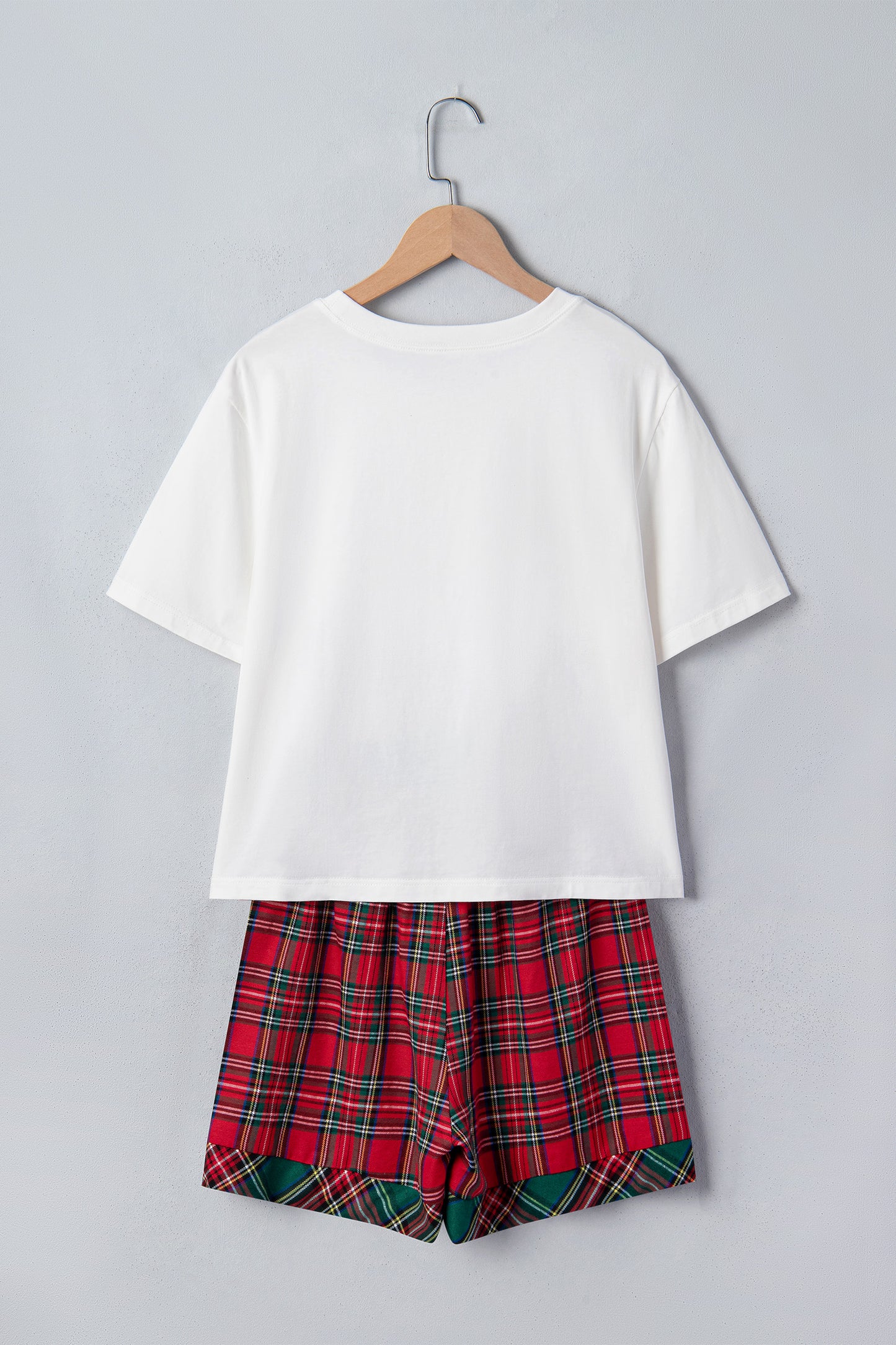 White Plaid Letter Print Short Sleeve Top Elastic Waist Pocket Shorts Lounge Set