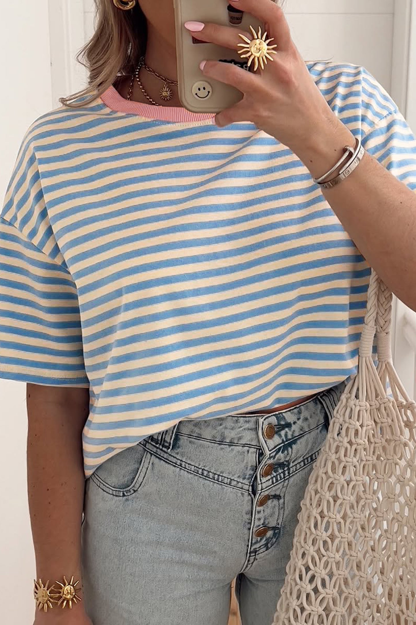 Orange Stripe Contrast Crew Neck Drop Shoulder Loose Tee