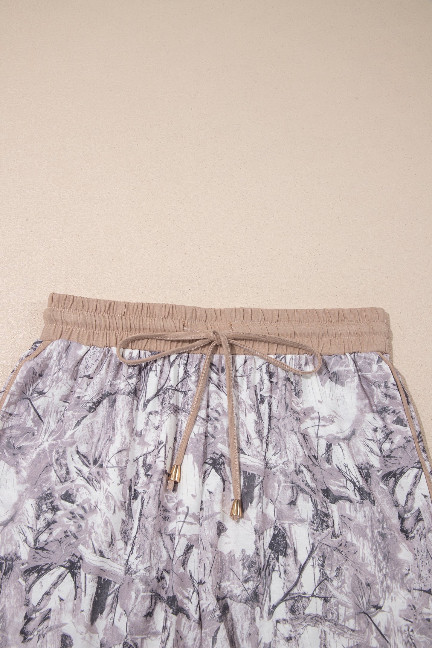 Khaki Camo Woodland Print Drawstring Active Shorts