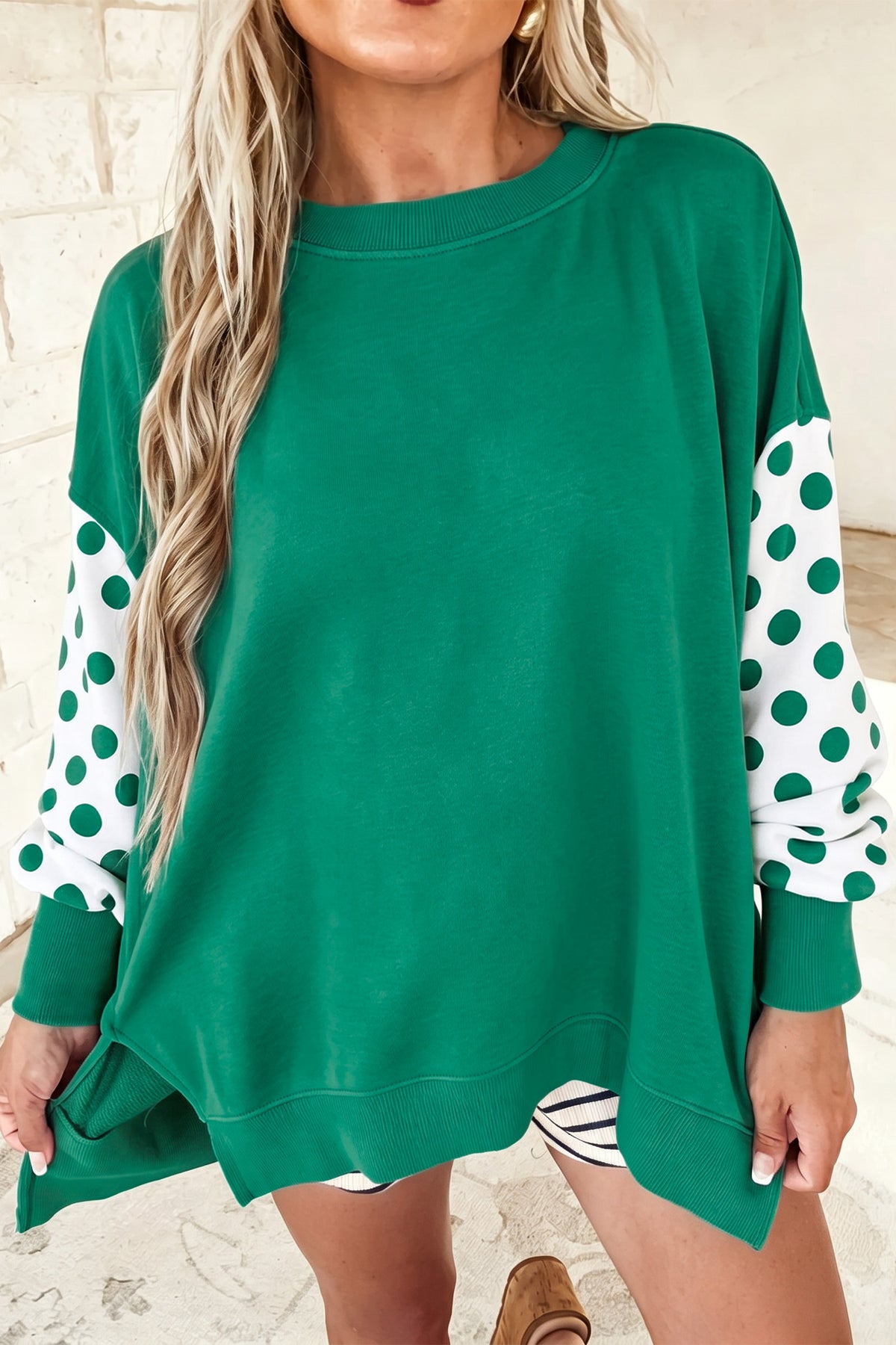 Polka Dot Patchwork Sleeve Crew Neck Loose Pullover Sweatshirt