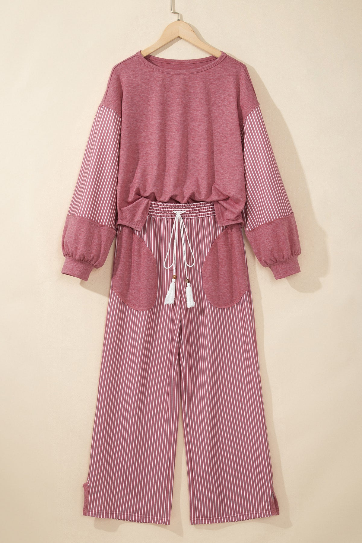 Raw Seam Patchwork Long Sleeve Top Pocket Casual Pants Set