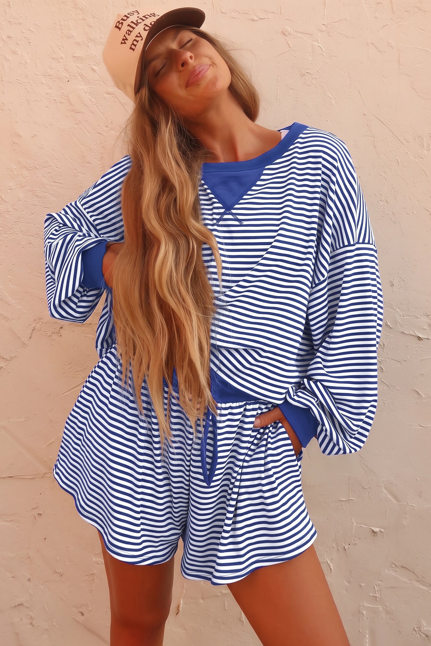 Striped Oversized Long Sleeve Top Drawstring Loose Shorts 2pcs Set