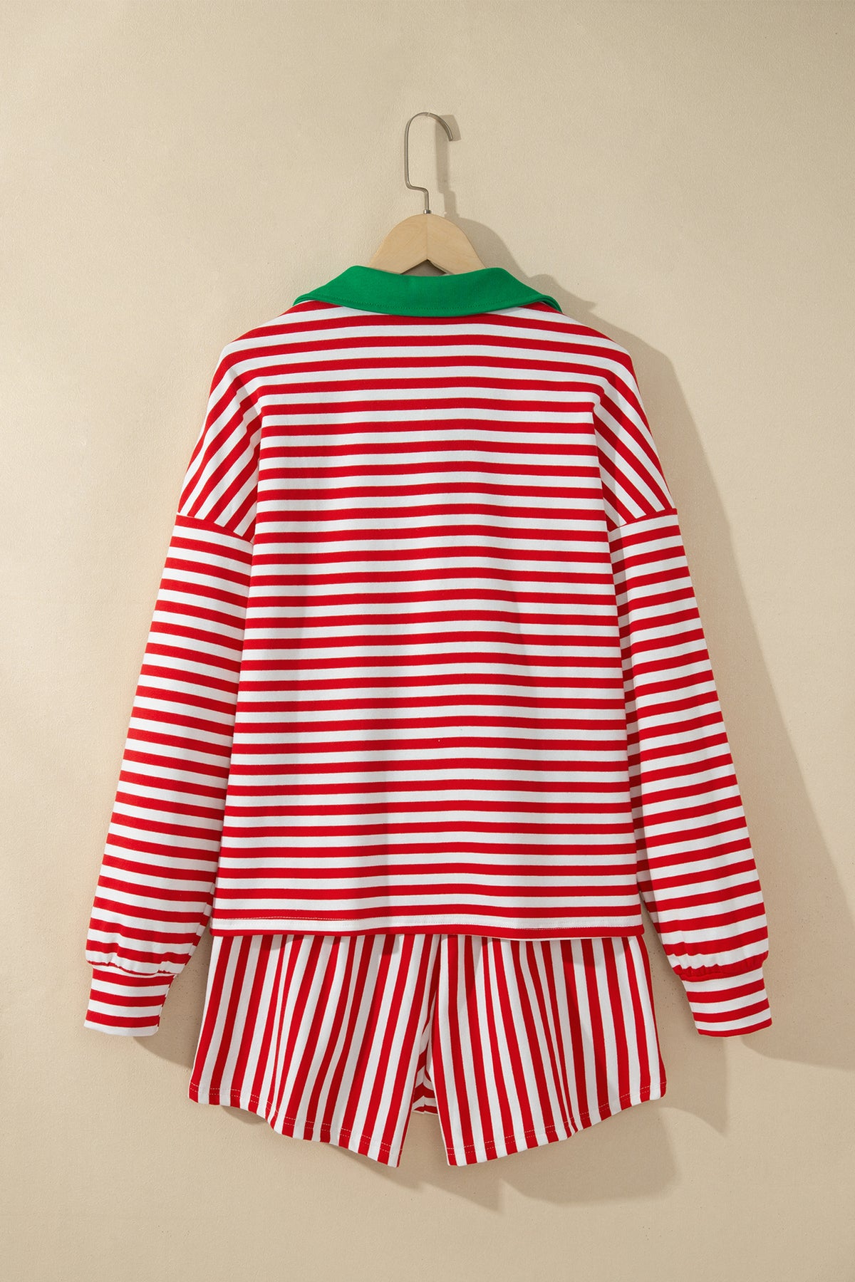 Red Stripe Colorblock Trim Polo Collar Drawstring Elastic Waist Band Set