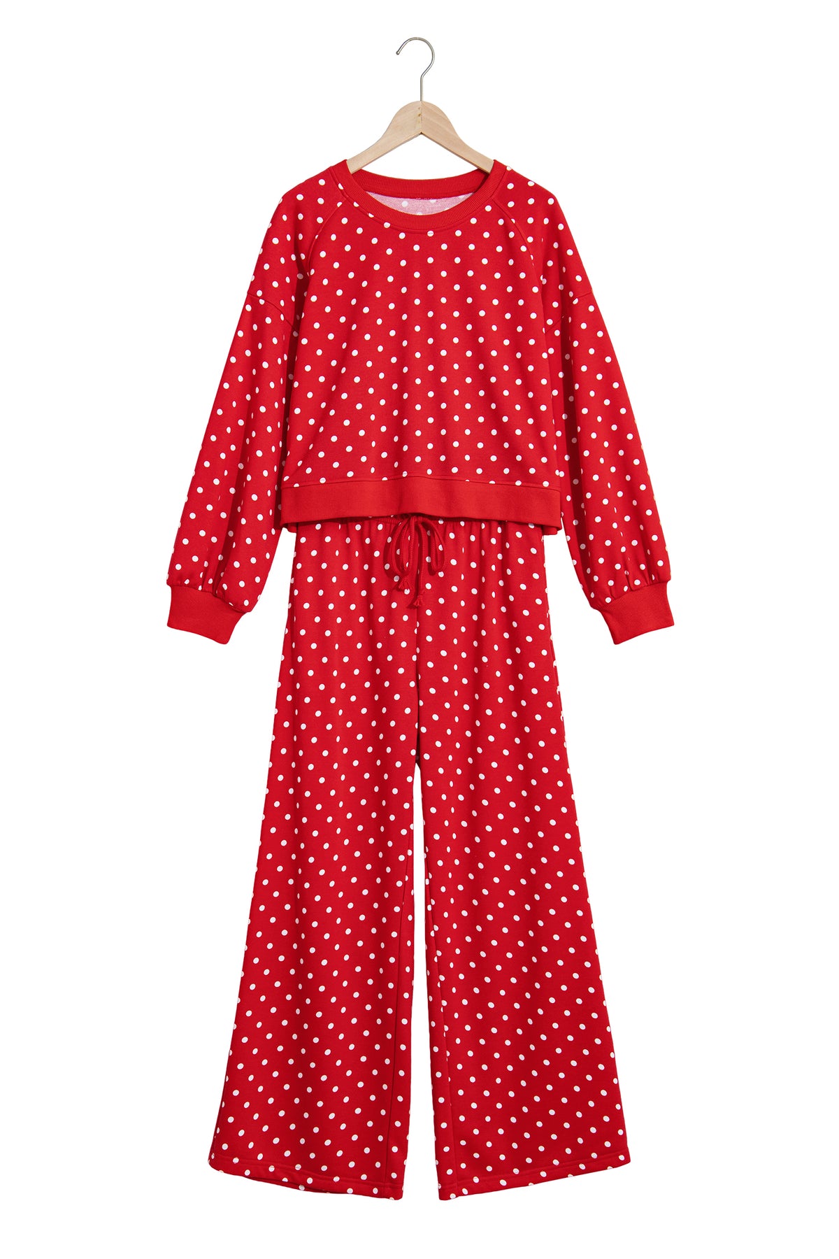 Polka Dot Drawstring Wide Leg Long Sleeve Top Pant Set