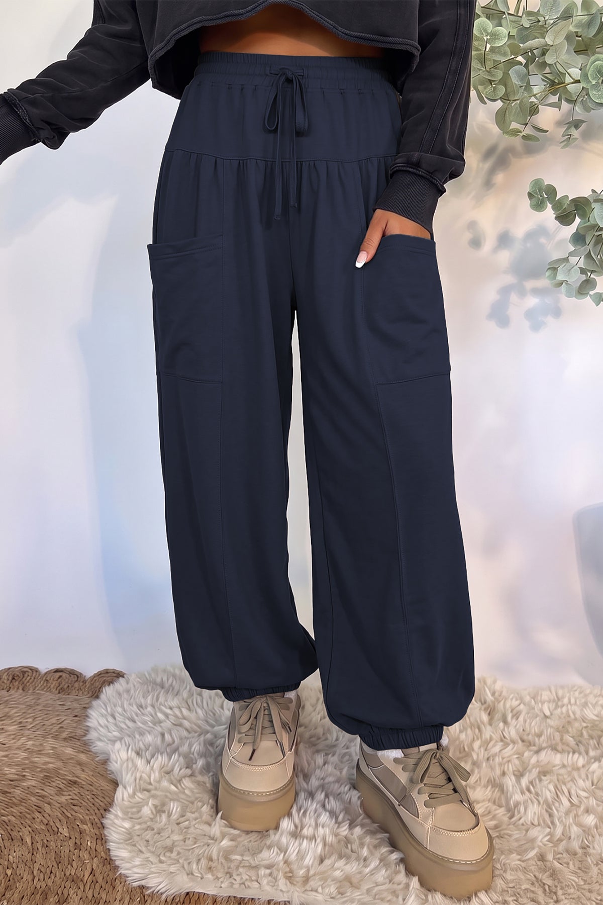 Elastic Waist Drawstring Wide Leg Full Length Pants