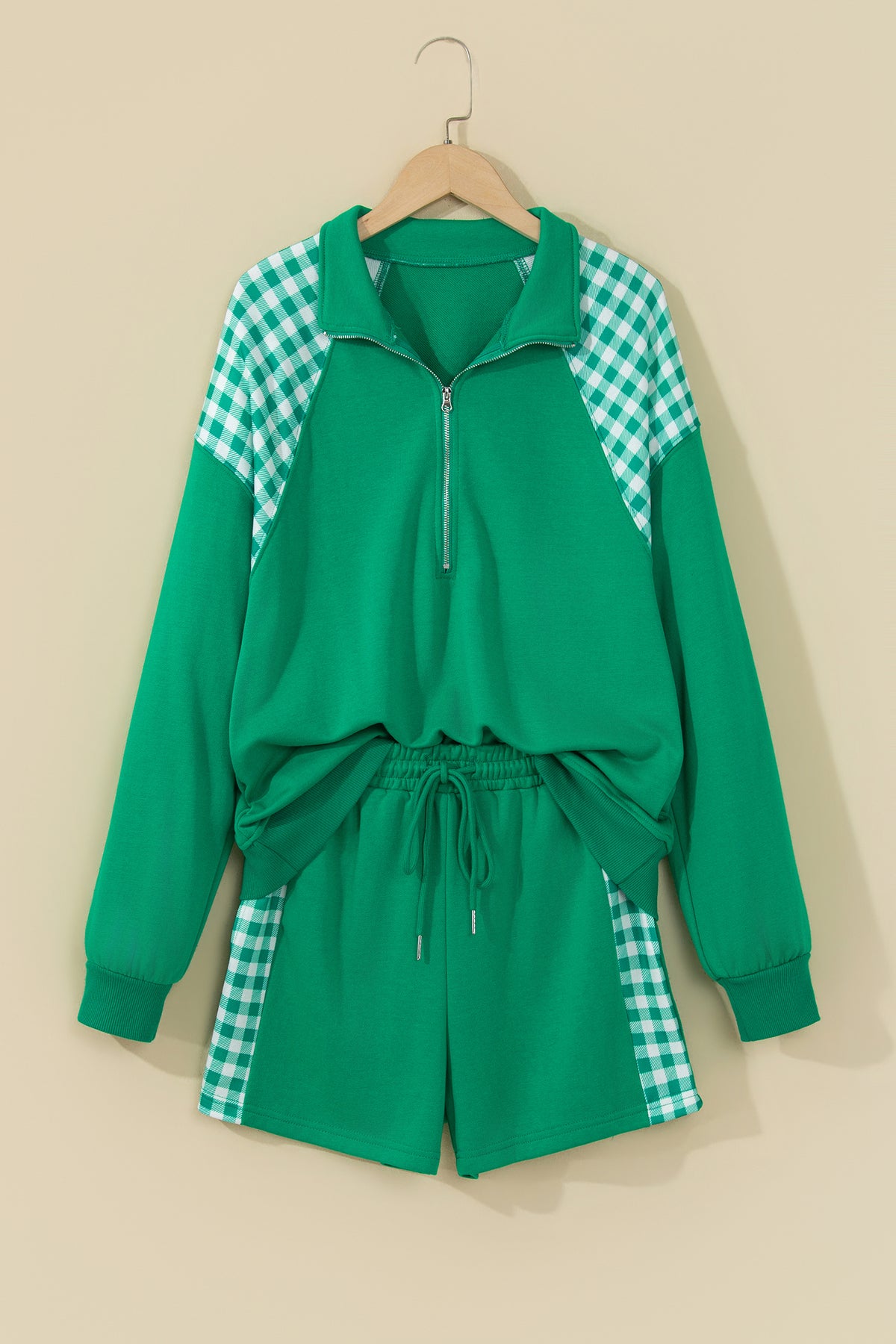 Plaid Patchwork Half Zip Pullover Drawstring Short Set