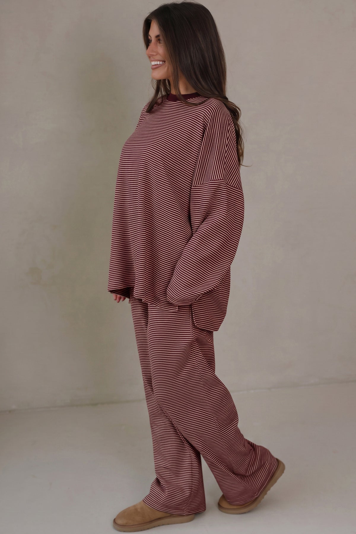 Stripe Contrast Trim Round Neck Oversize Long Sleeve Set
