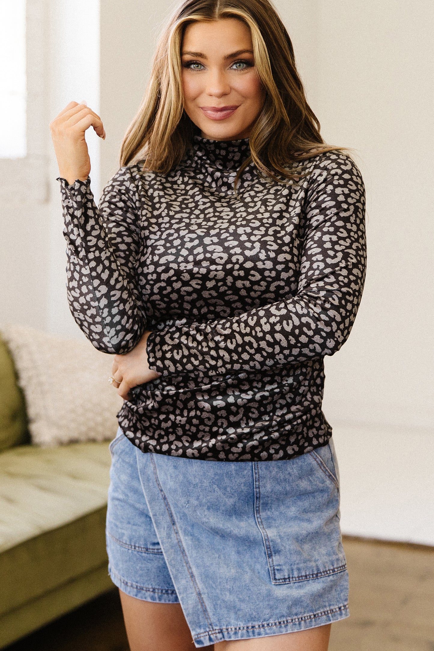 Brown Leopard Print Long Sleeve Mesh Top