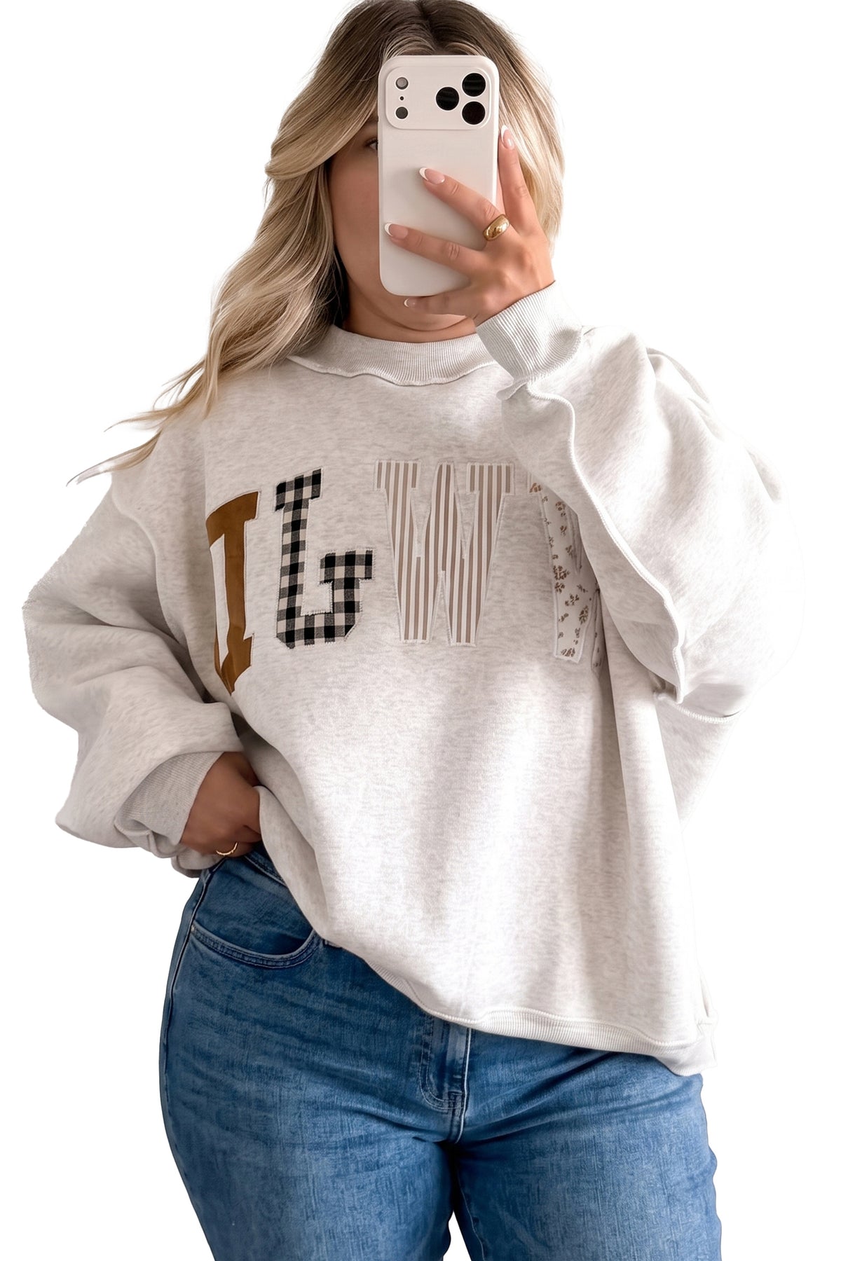 WWJD Mix Pattern Letter Graphic Exposed Seam Loose Plus Size Sweatshirt