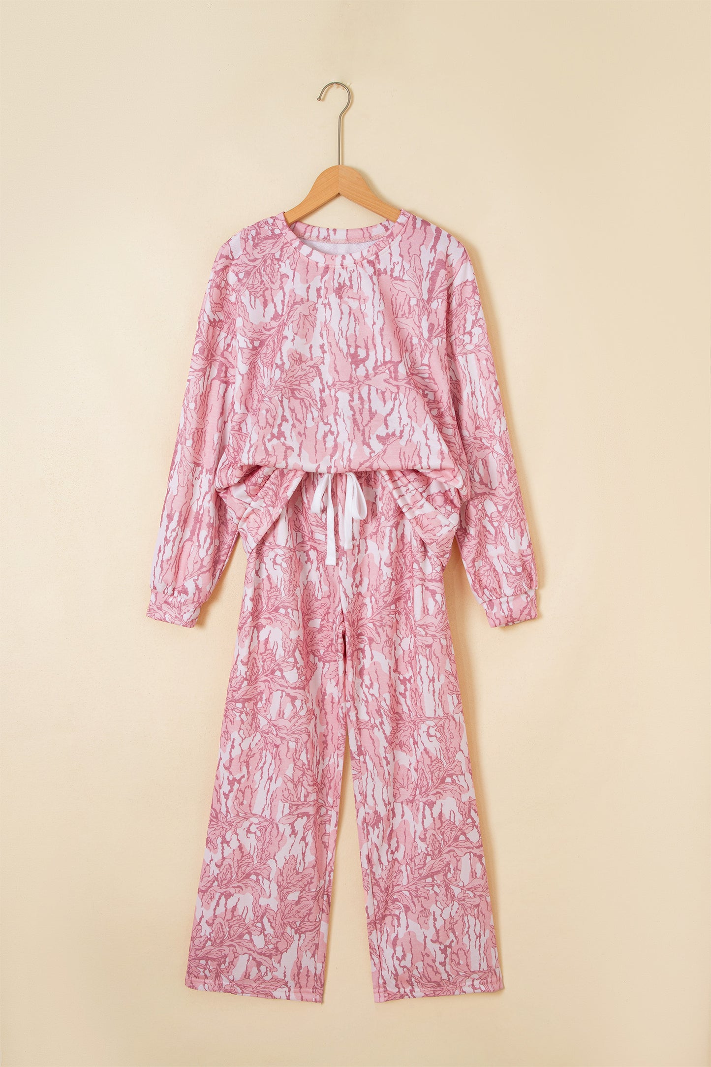 Pink Abstract Floral Print Loose Pullover Drawstring Pants 2pcs Set