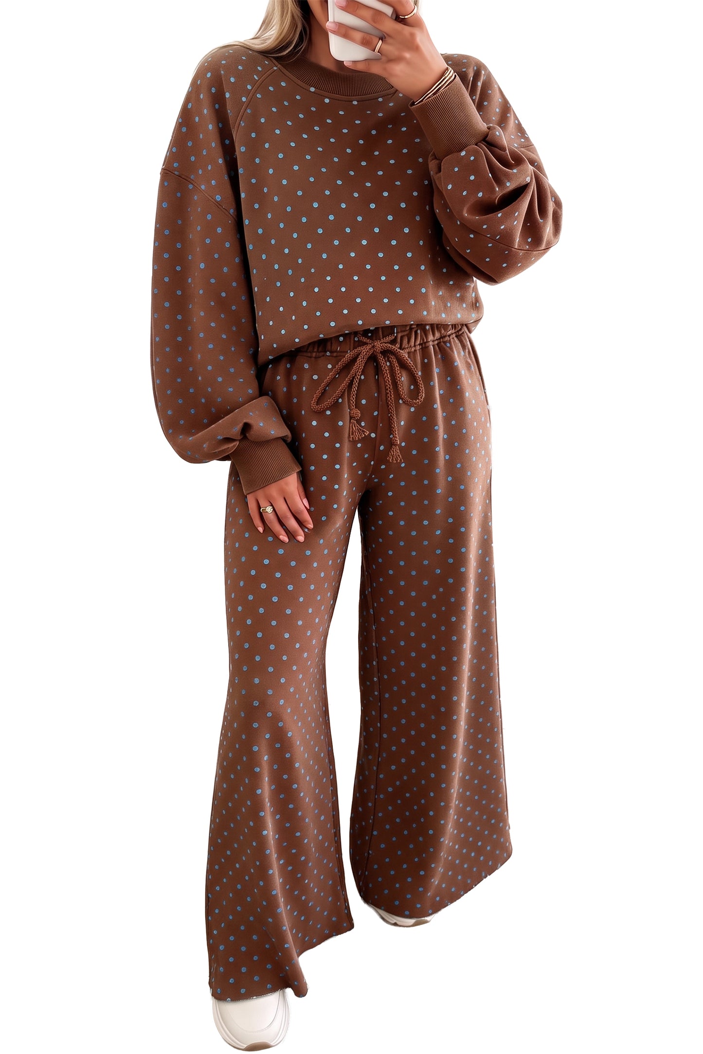 Polka Dot Drawstring Wide Leg Long Sleeve Top Pant Set
