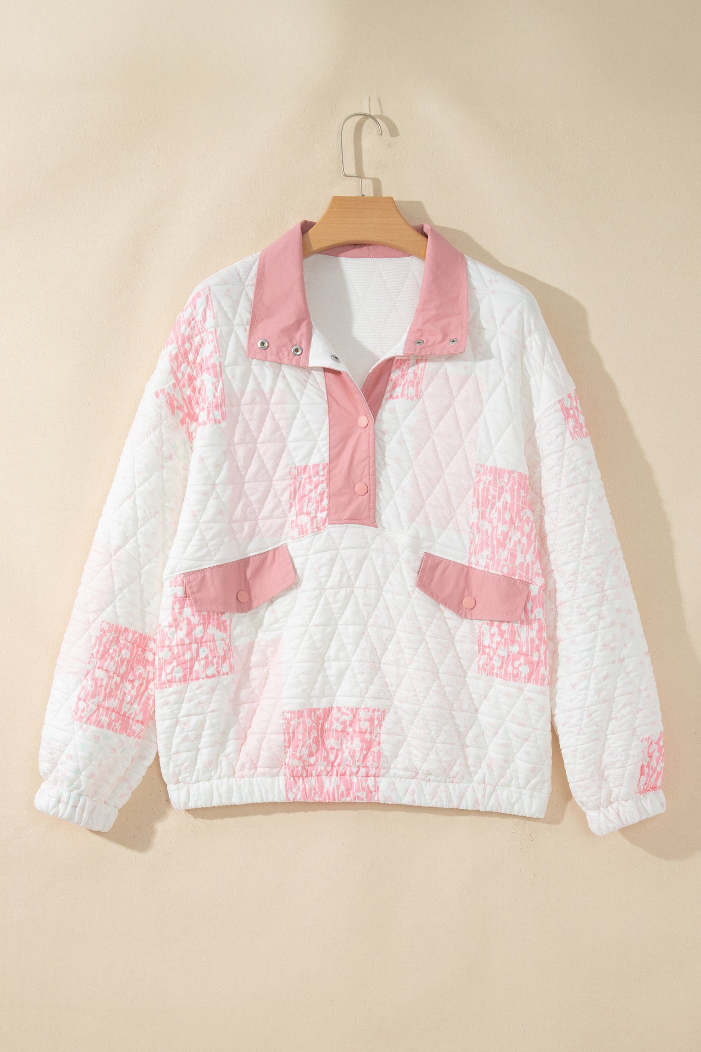 Multicolour Floral Quilted Half Button Pocketed Pullover Sweatshirt