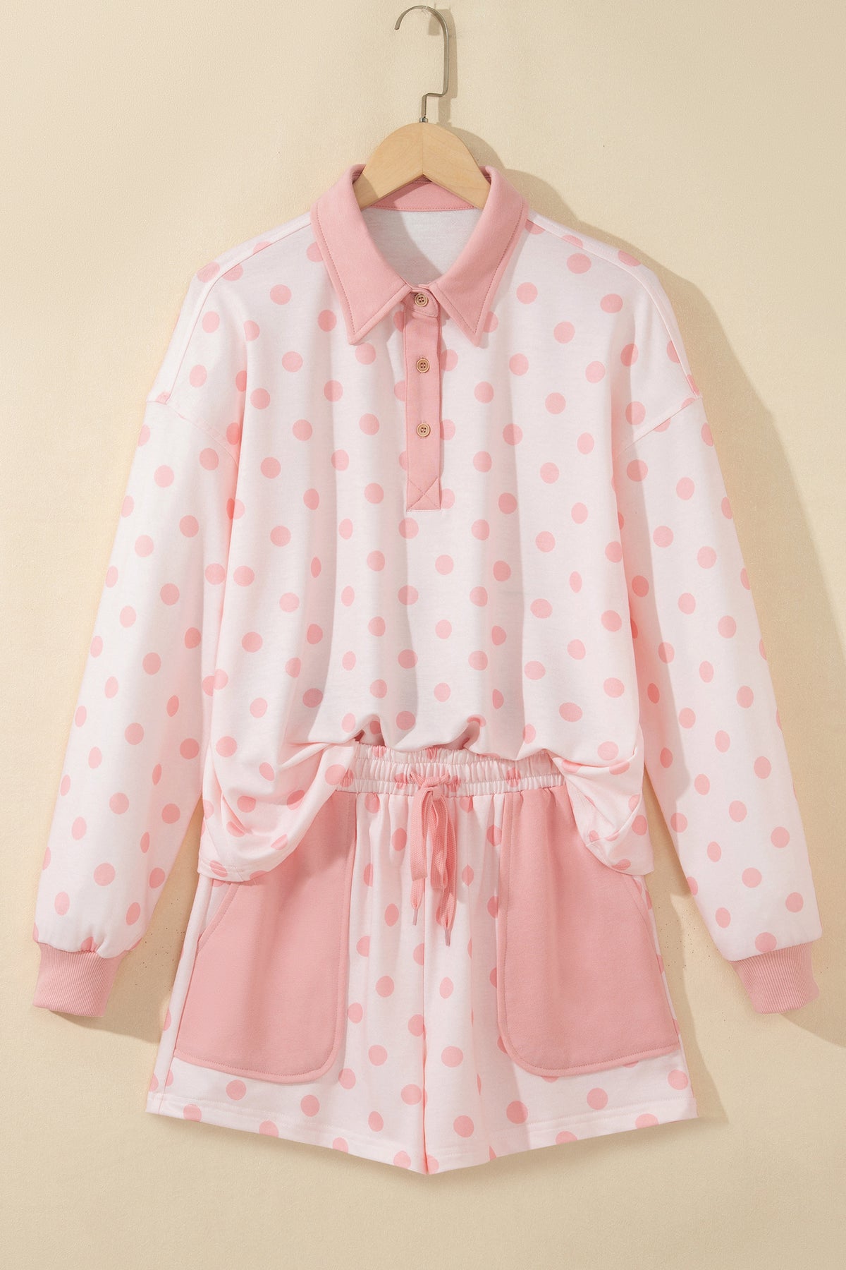 Polka Dot Drop Shoulder Polo Loose Pullover Patch Pocket Casual Shorts Set