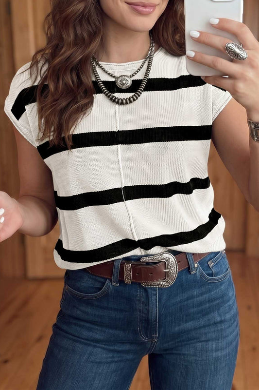 Striped Knit Short Sleeve Sweater