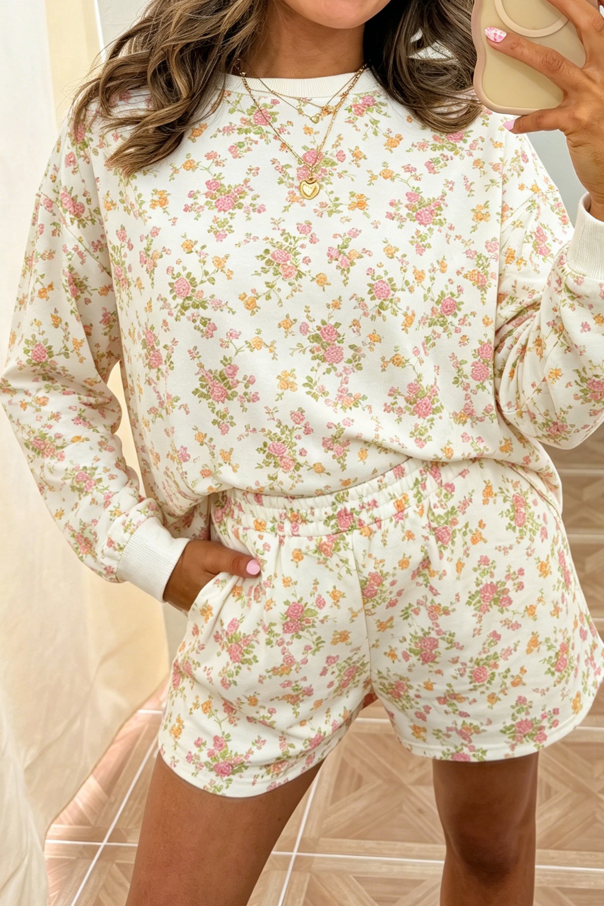 Beige Floral Print Long Sleeve Shift Top Pocketed Shorts Set