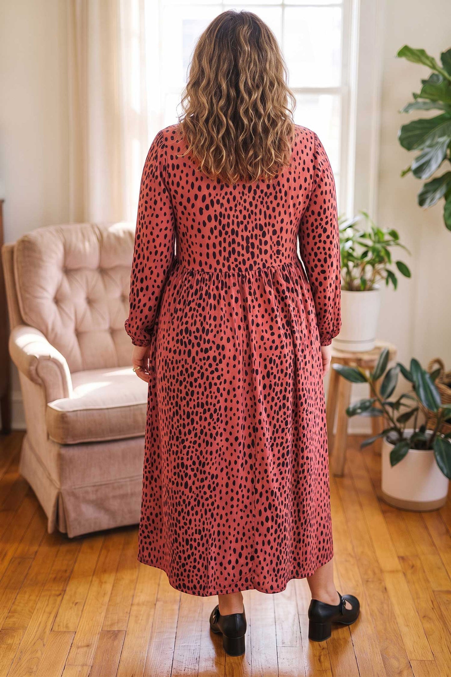 Red Leopard Print Long Sleeve V Neck Midi Dress