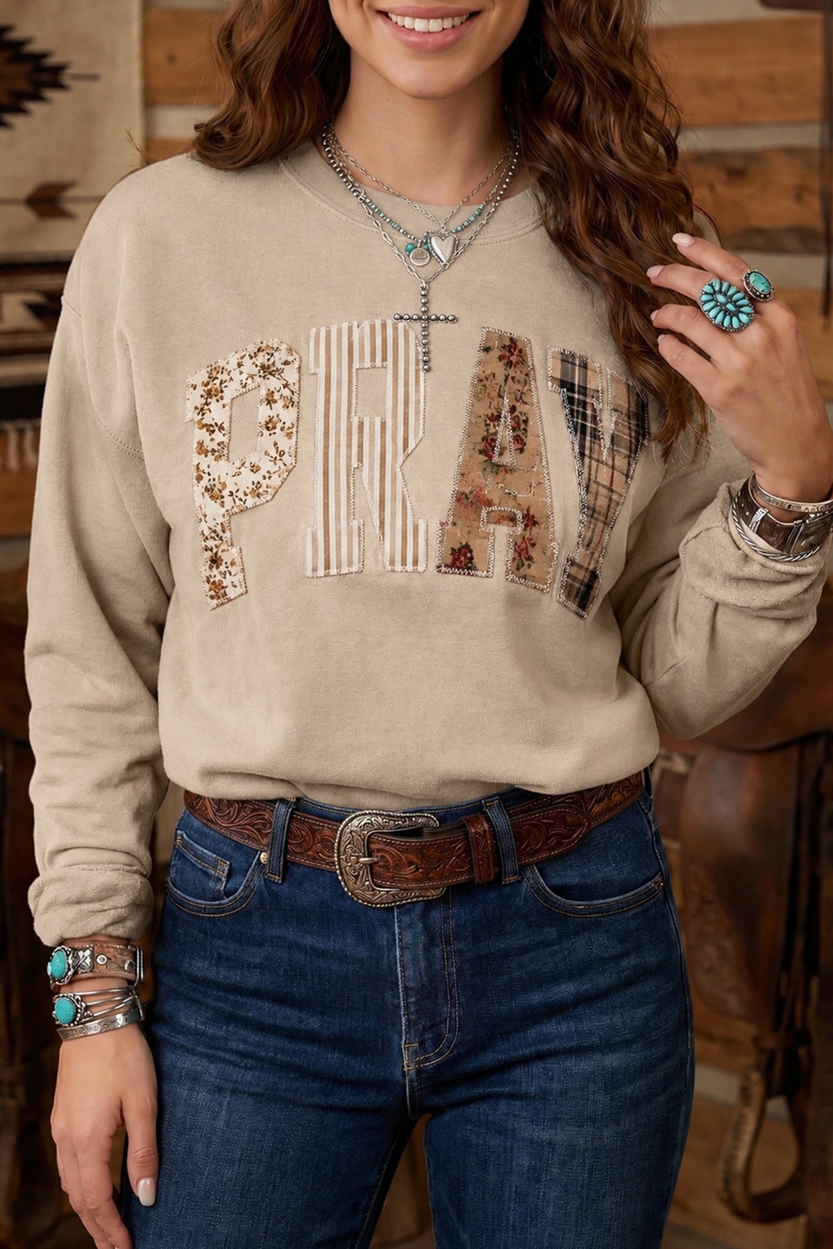 Floral Buffalo Plaid Striped Embroidered Patch Western Pullover Sweatshirt