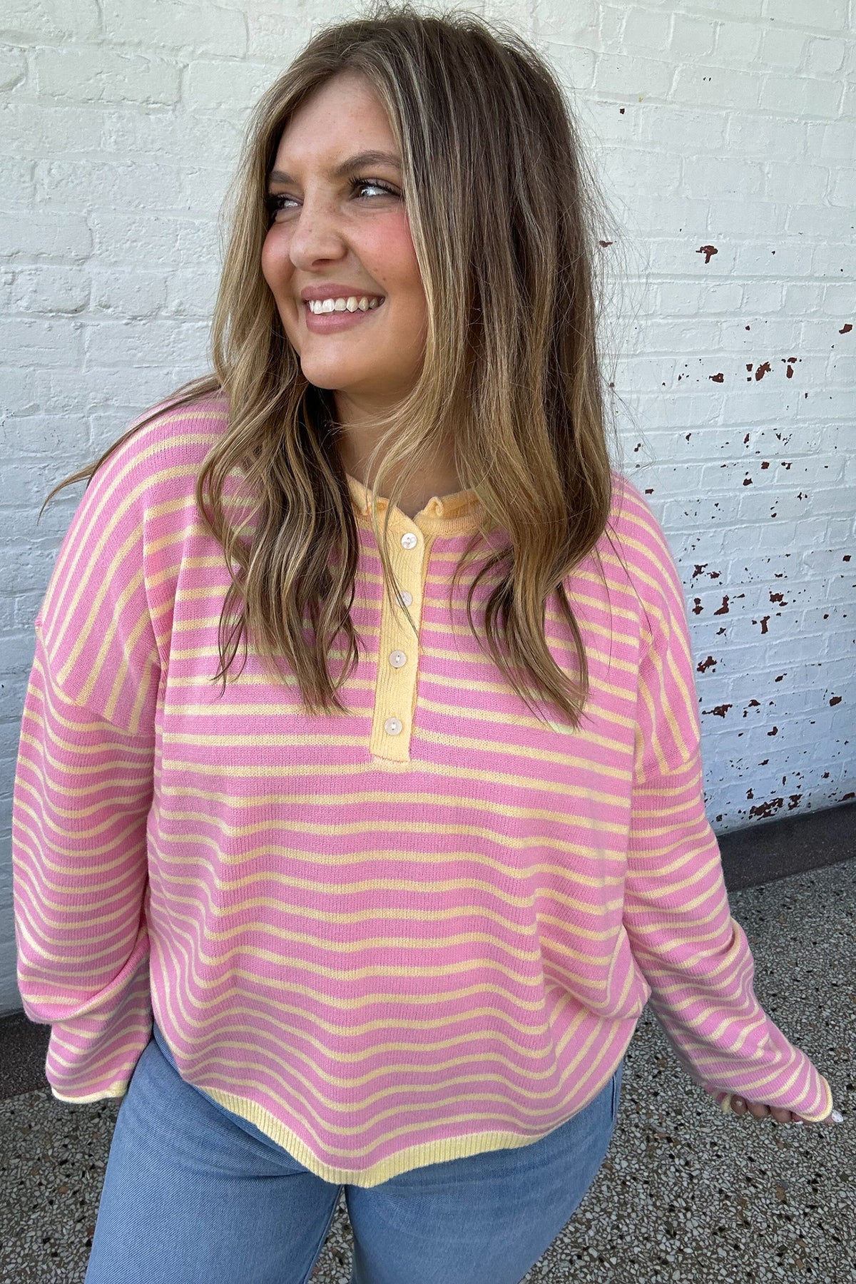 Pink Stripe Striped Colorblock Long Sleeve Sweater