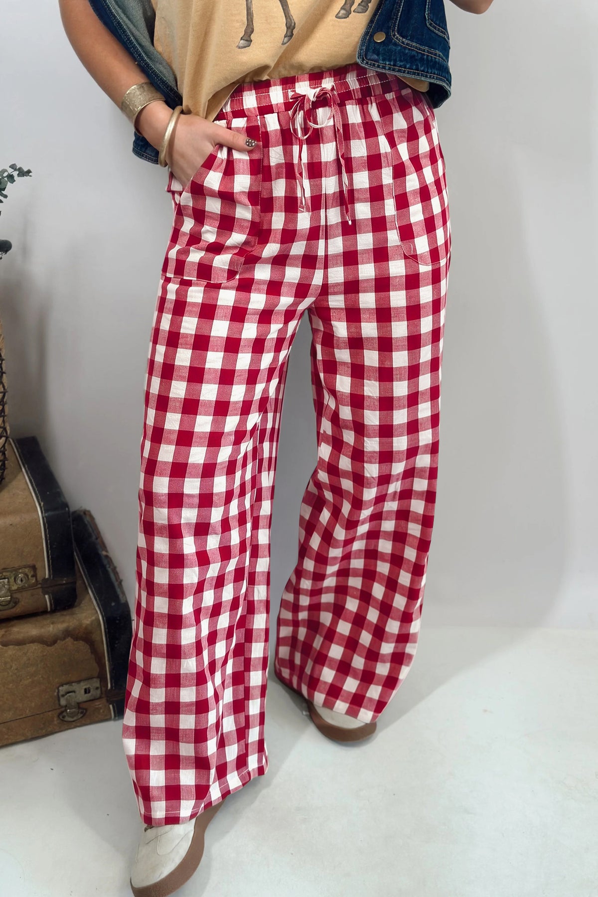 Gingham Plaid Tie Elastic Waist Shift Pants