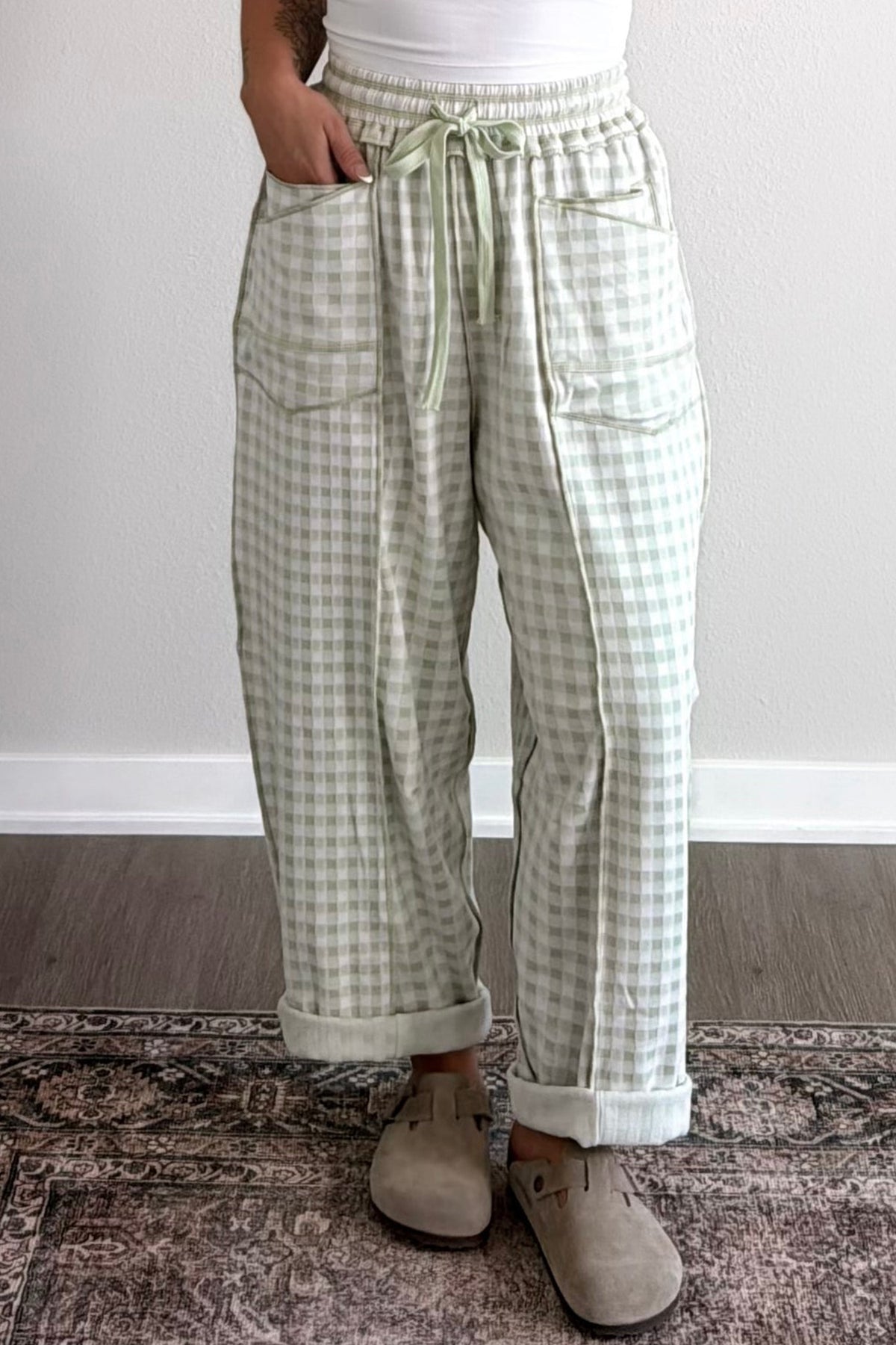 Plaid Contrast Trim Drawstring Elastic Waist Shift Pants