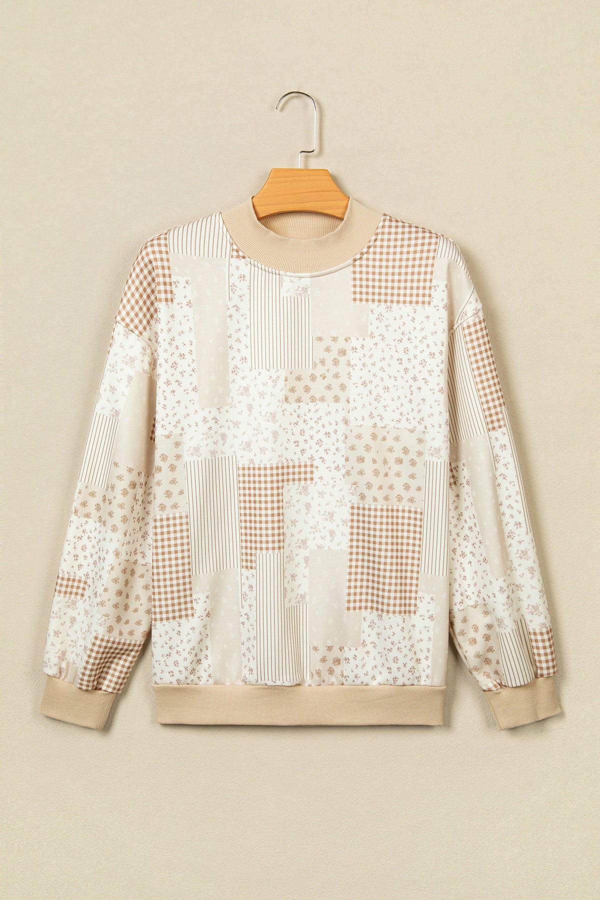 Patchwork Floral Print Mock Neck Long Sleeve Sweatshirt