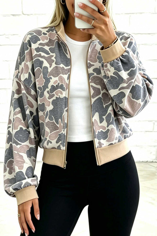 Camouflage Print Color Block Trim Zip Bomber Sweatshirt