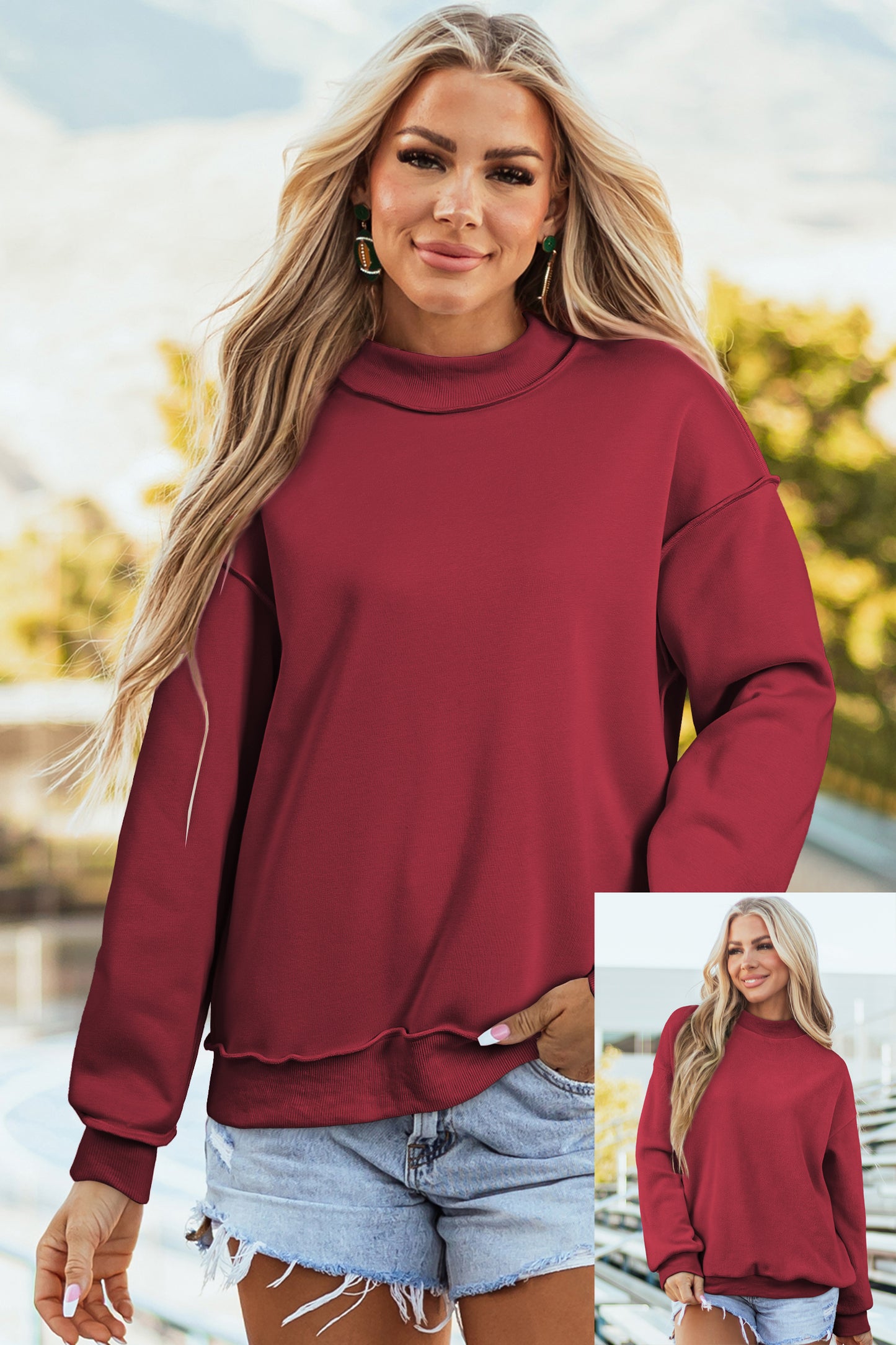 Oversized Drop Shoulder Reversible Mock Neck Sweatshirt
