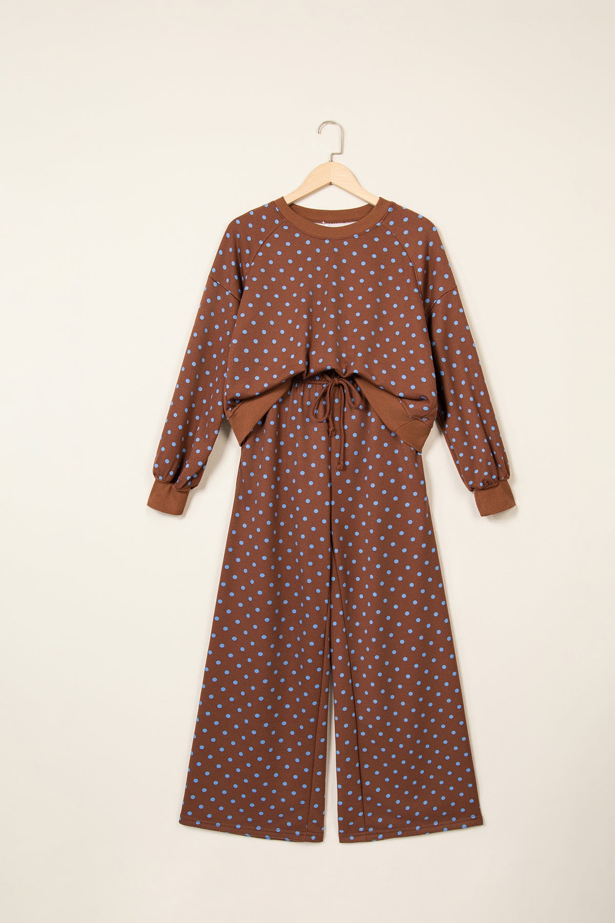 Polka Dot Drawstring Wide Leg Long Sleeve Top Pant Set