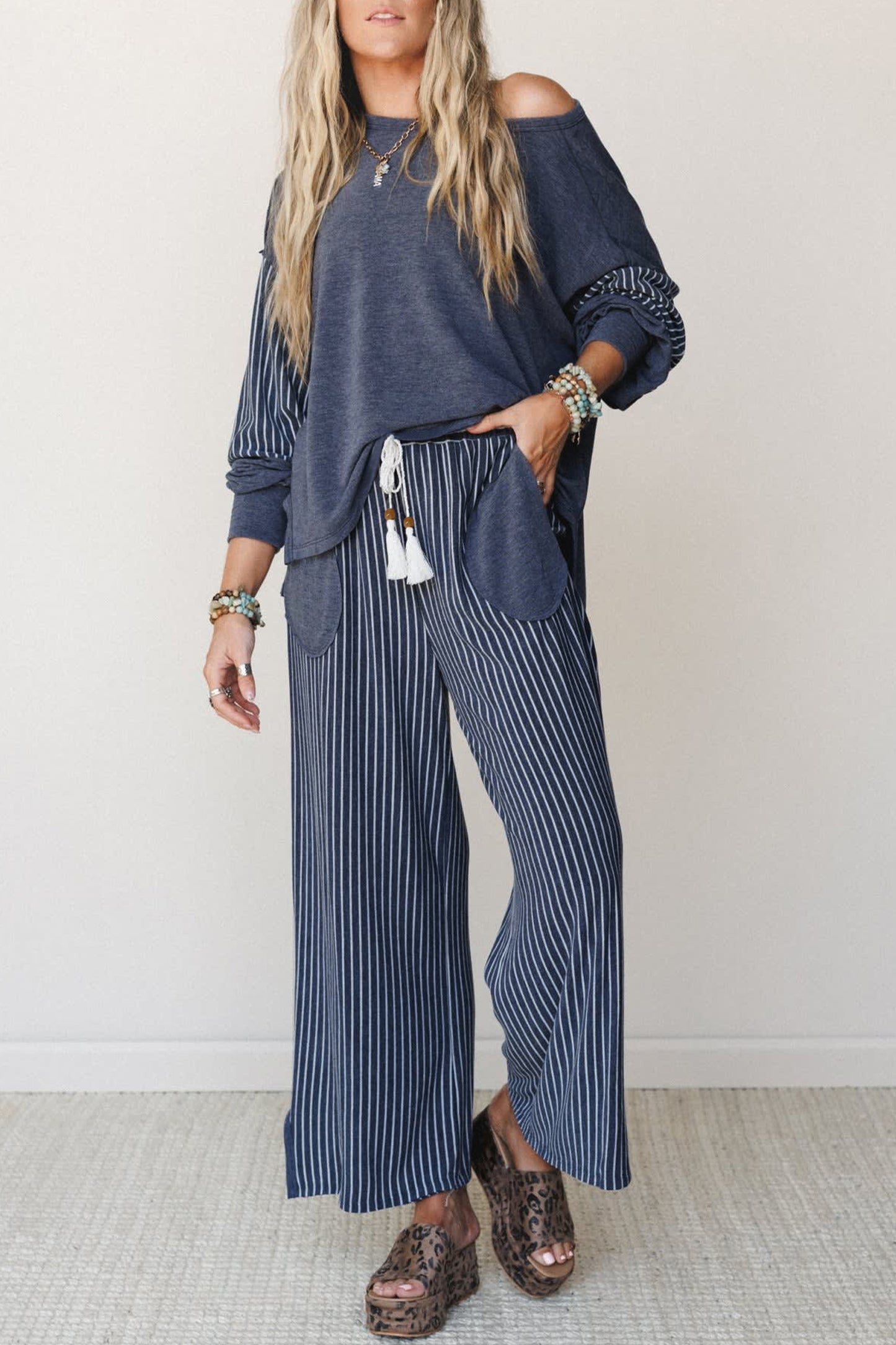 Raw Seam Patchwork Long Sleeve Top Pocket Casual Pants Set