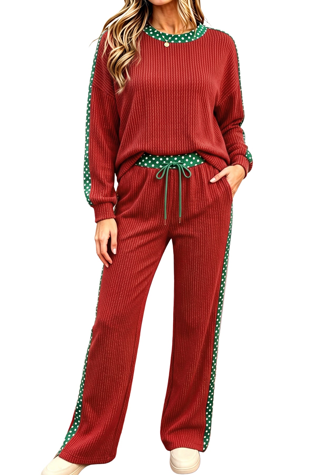 Cozy Ribbed Patchwork Polka Dot Trim Long Sleeve Pant Set