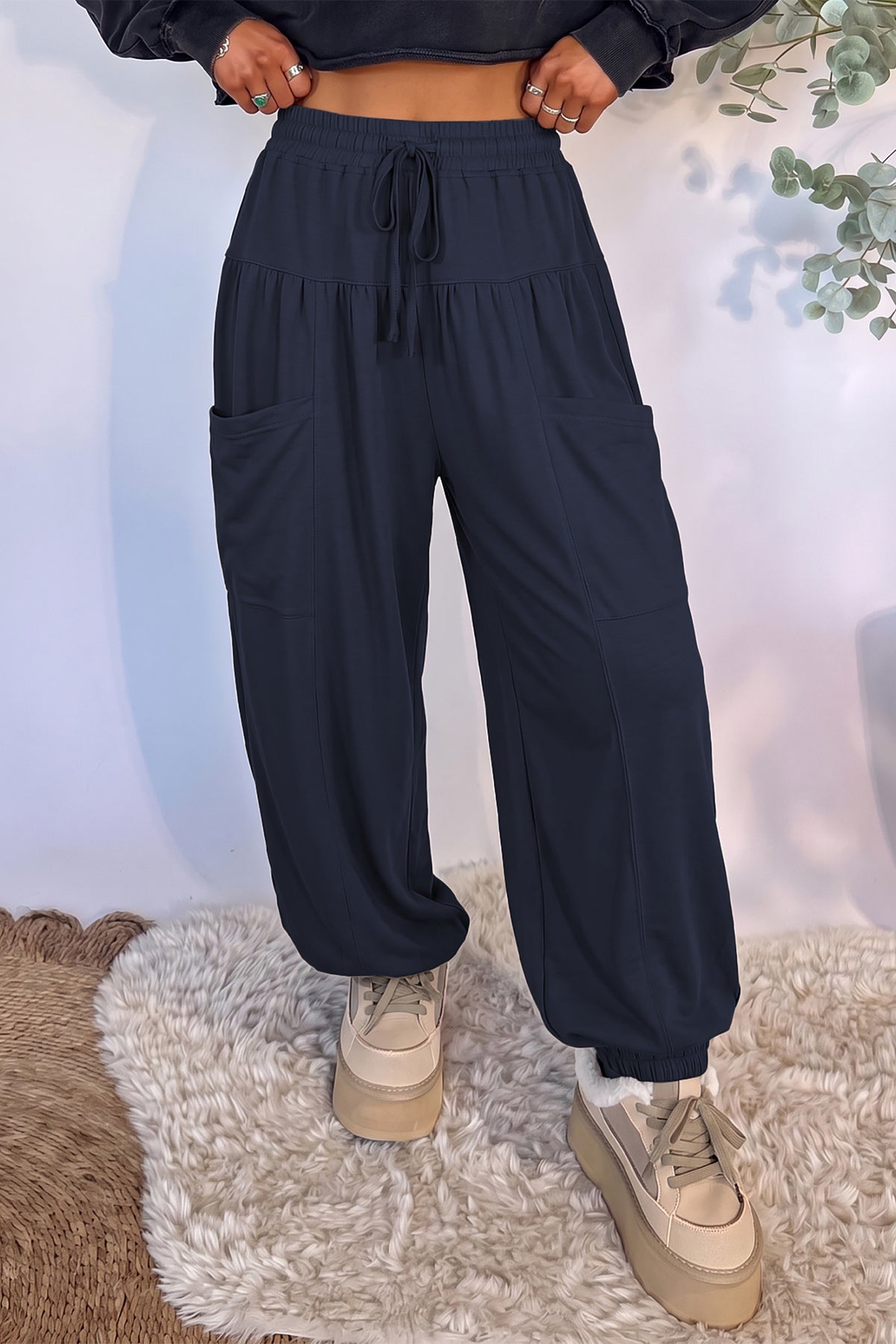 Elastic Waist Drawstring Wide Leg Full Length Pants