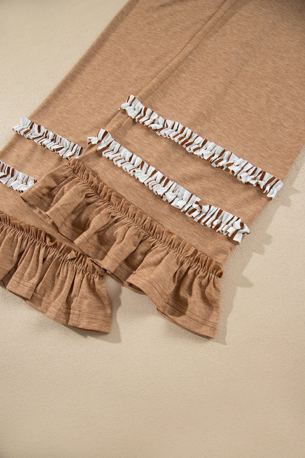 Striped V Neck Ruffle Contrast Sleeve Top Drawstring Pants Set
